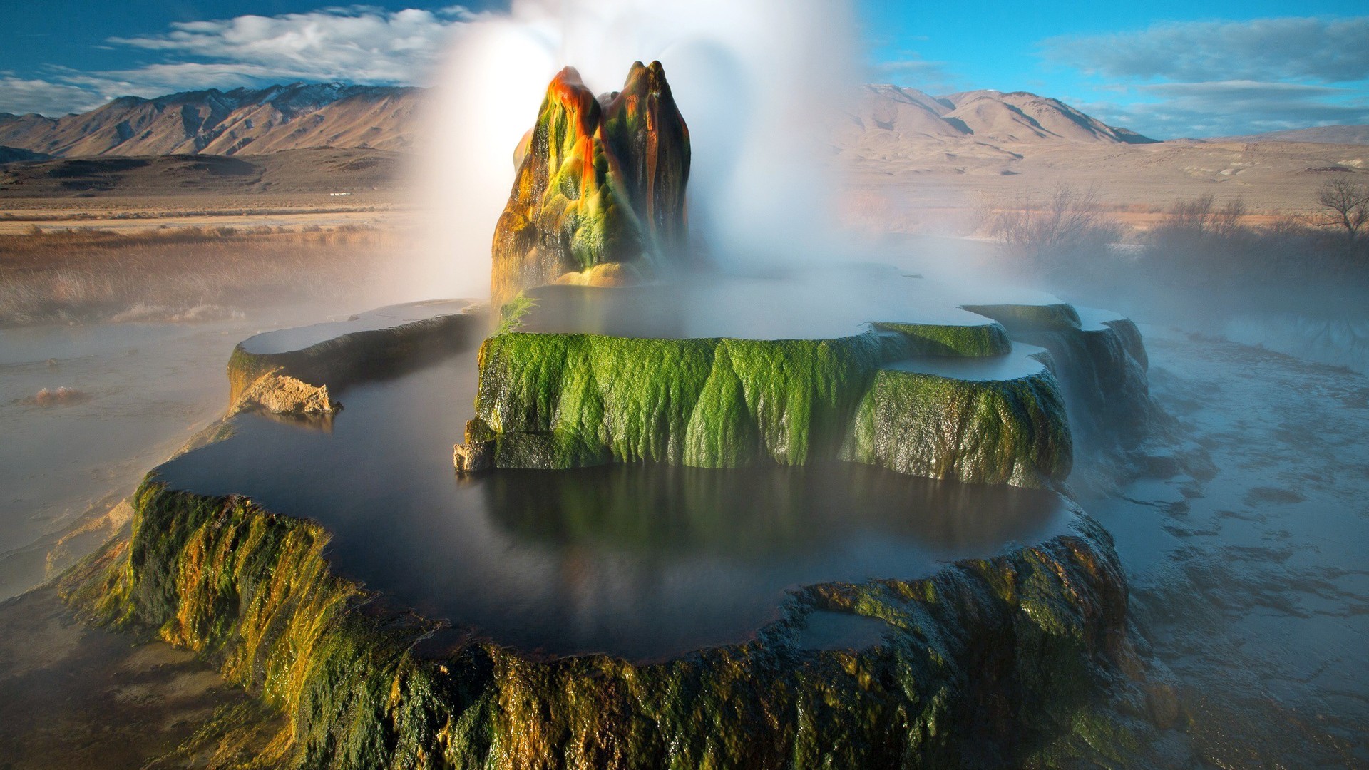 General 1920x1080 nature landscape mountains clouds Nevada USA water geysers long exposure reflection wet rocks