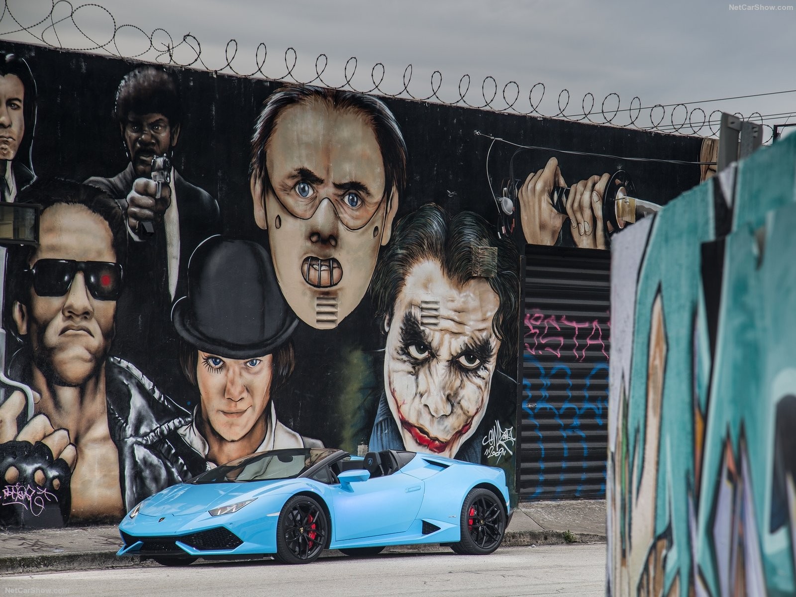General 1600x1200 car supercars Lamborghini Lamborghini Huracan Spyder graffiti mural Cyan Cars Terminator Hannibal Lecter Joker Pulp Fiction wall barbed wire vehicle urban movies