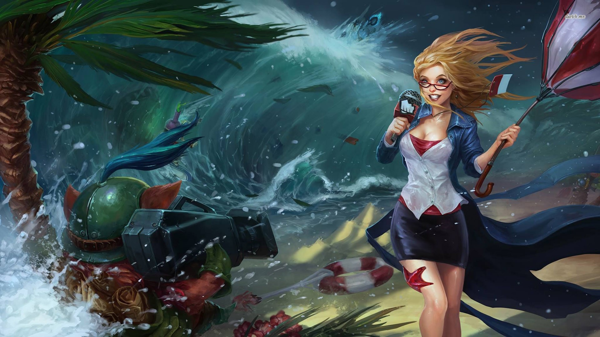 General 1920x1080 League of Legends artwork video games Teemo (League of Legends) Janna (League of Legends) PC gaming umbrella women with umbrella DeviantArt microphone women with glasses boobs waves video game art fan art video game girls windy
