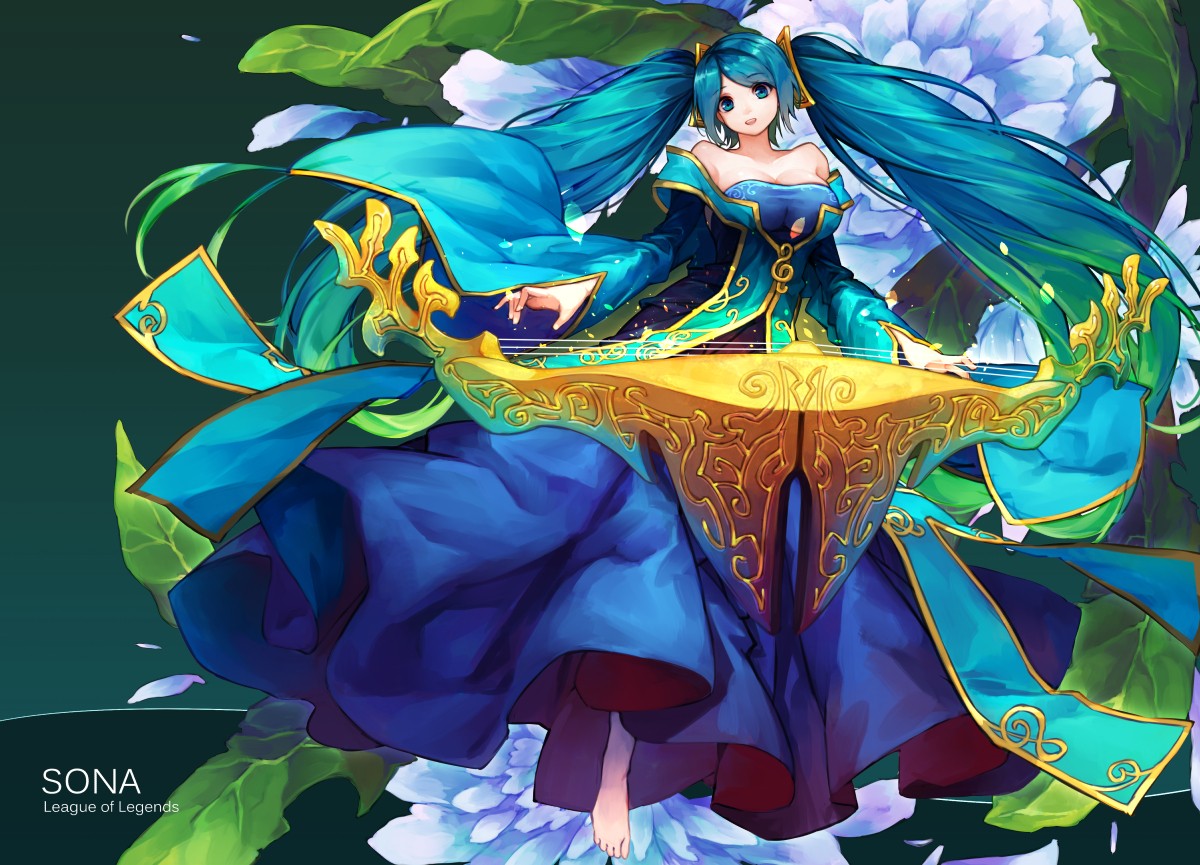 Anime 1200x865 League of Legends Sona (League of Legends) long hair twintails dress video game girls video game characters PC gaming cyan hair fantasy art fantasy girl barefoot