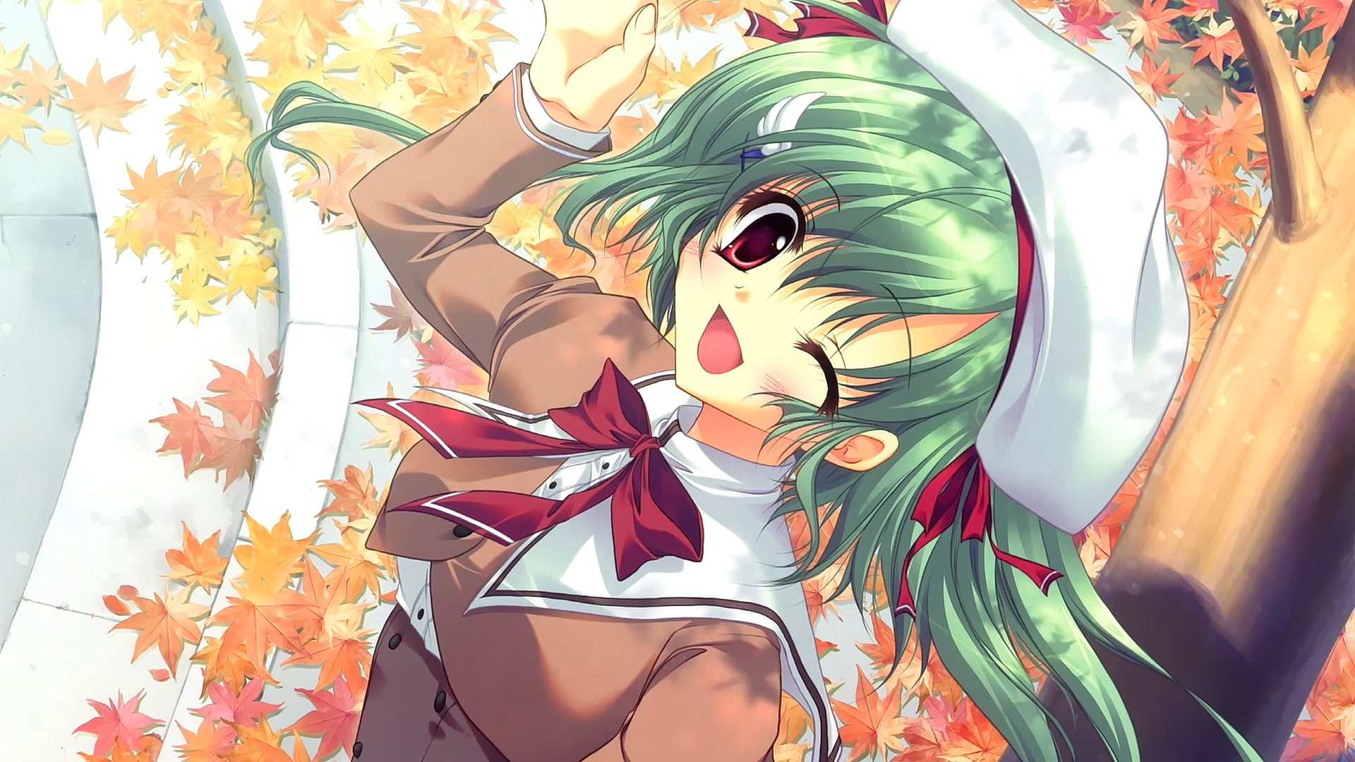 Anime 1920x1080 anime anime girls long hair green hair red eyes wink school uniform hat looking at viewer smiling open mouth one eye closed