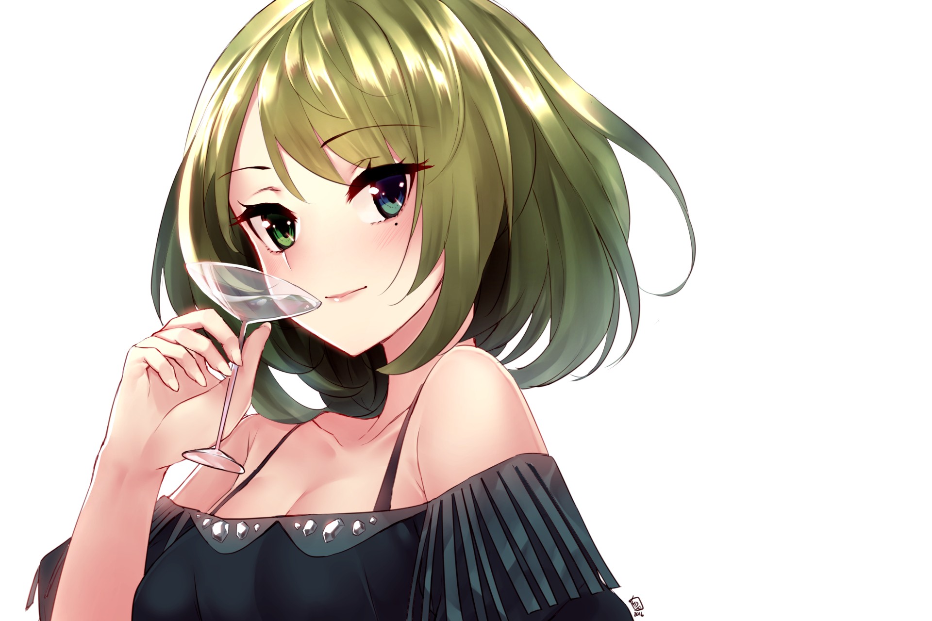Anime 1920x1280 anime anime girls THE iDOLM@STER THE iDOLM@STER: Cinderella Girls Takagaki Kaede cleavage heterochromia short hair drinking glass Pixiv white background simple background looking at viewer shoulder length hair face