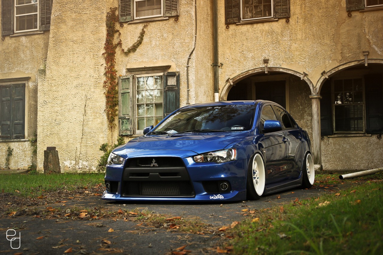 General 1280x853 car Mitsubishi Lancer Evo X stance (cars) tuning low car Japanese cars house colored wheels blue cars vehicle Mitsubishi Mitsubishi Lancer