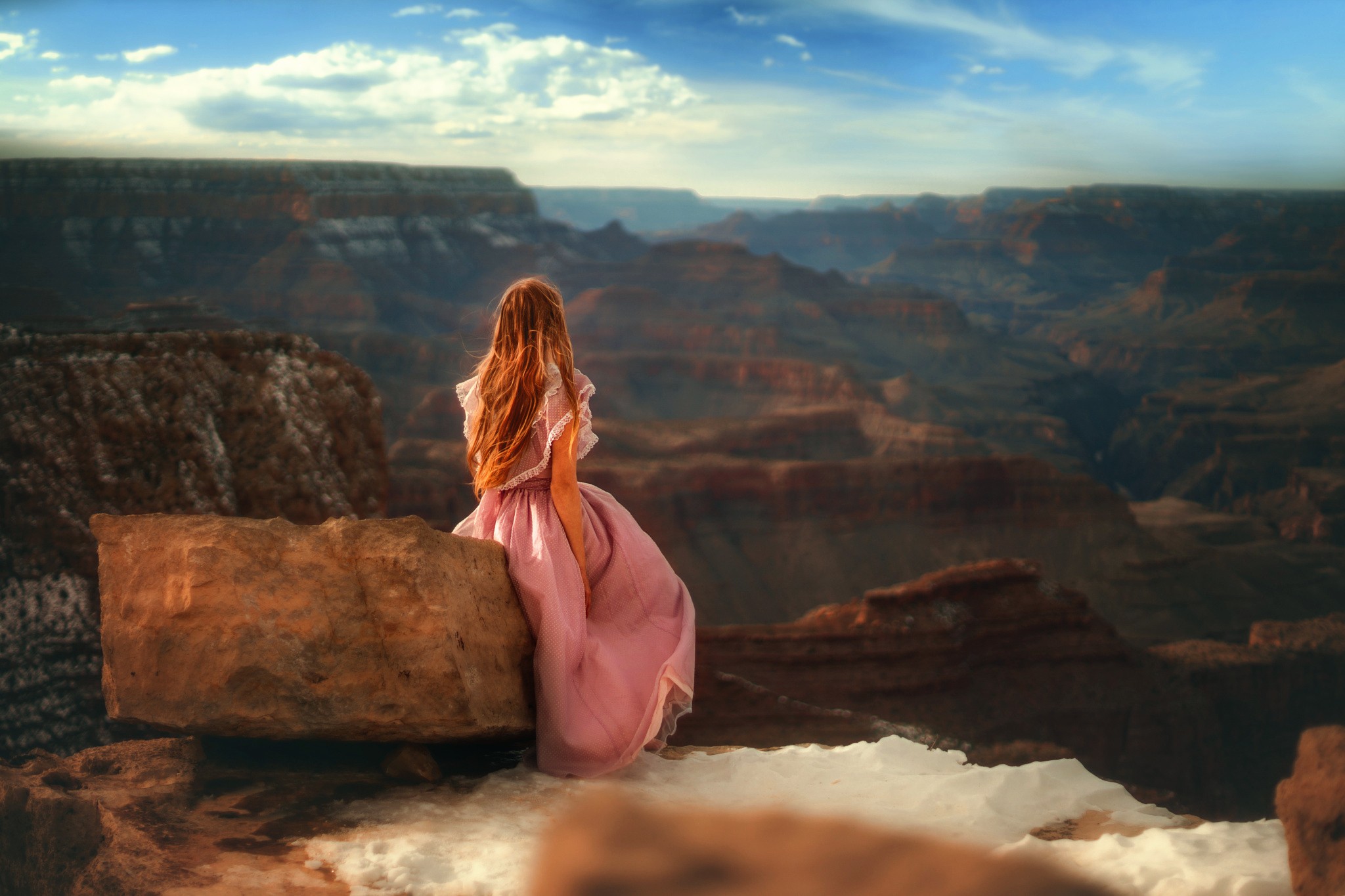 People 2048x1365 redhead model women pink dress Grand Canyon sky clouds women outdoors rocks USA pink clothing long hair looking into the distance rock formation