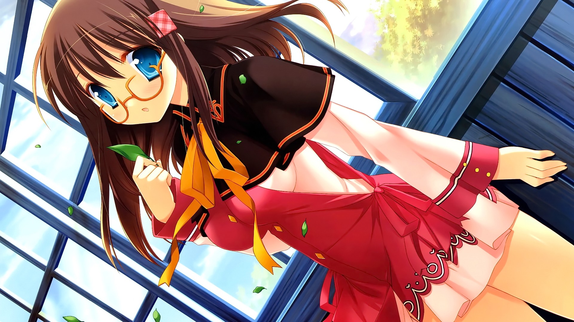 Anime 1920x1080 anime anime girls long hair brunette blue eyes glasses looking at viewer women with glasses red dress red clothing