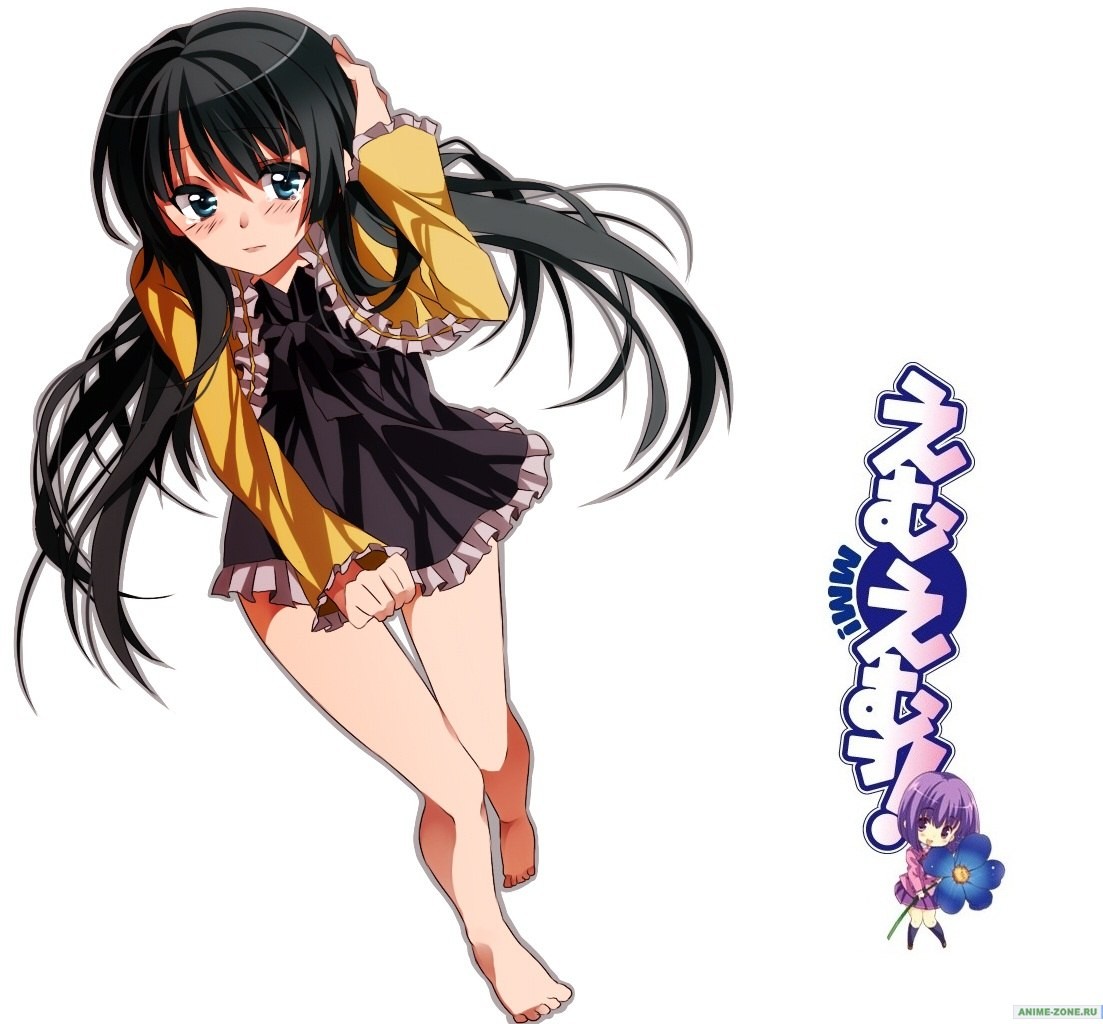 Anime 1103x1024 anime anime girls MM! long hair white background thighs legs black hair barefoot simple background dress looking at viewer