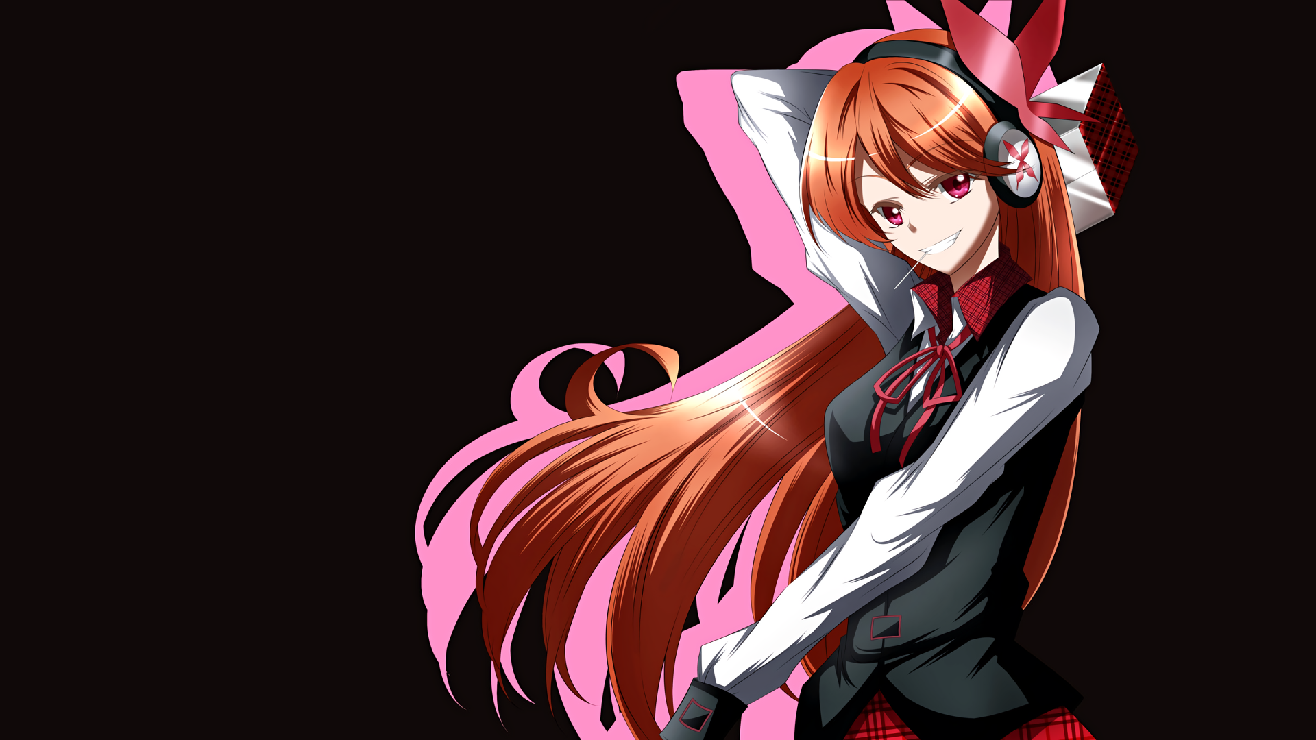 Anime 1920x1080 Akame ga Kill! Chelsea anime girls red eyes long hair simple background anime black background smiling headphones redhead looking at viewer