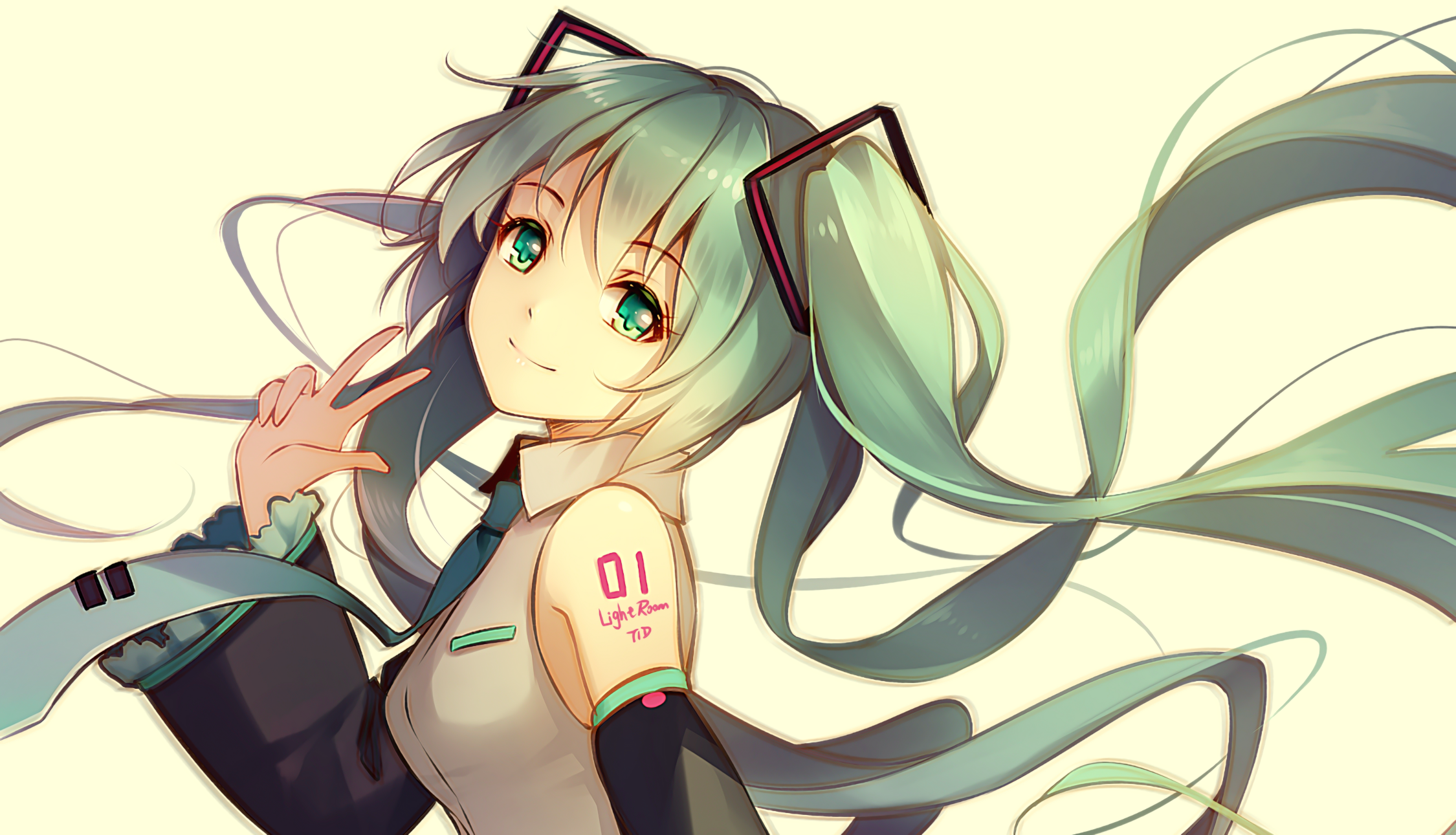 Anime 2250x1291 Hatsune Miku Vocaloid anime girls anime green eyes simple background hand gesture victory sign smiling tie green hair white background looking at viewer long hair