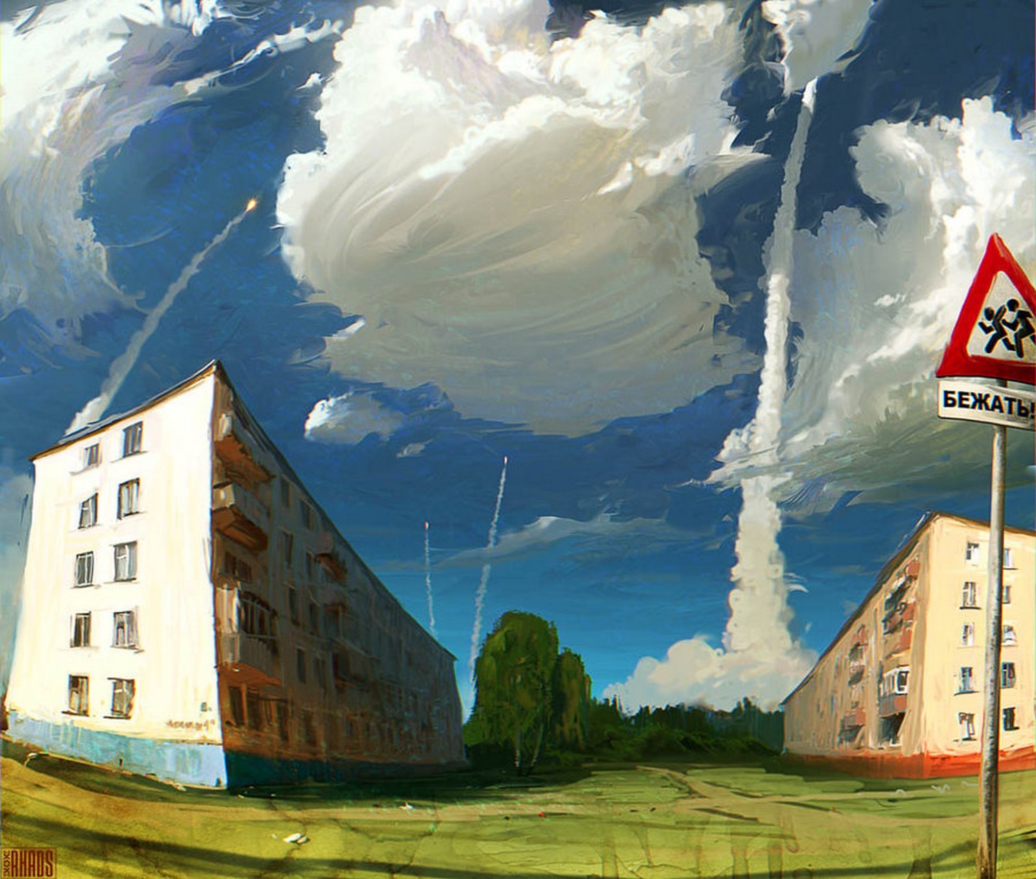 General 1500x1273 landscape sky clouds Russian missiles artwork sign apocalyptic house building