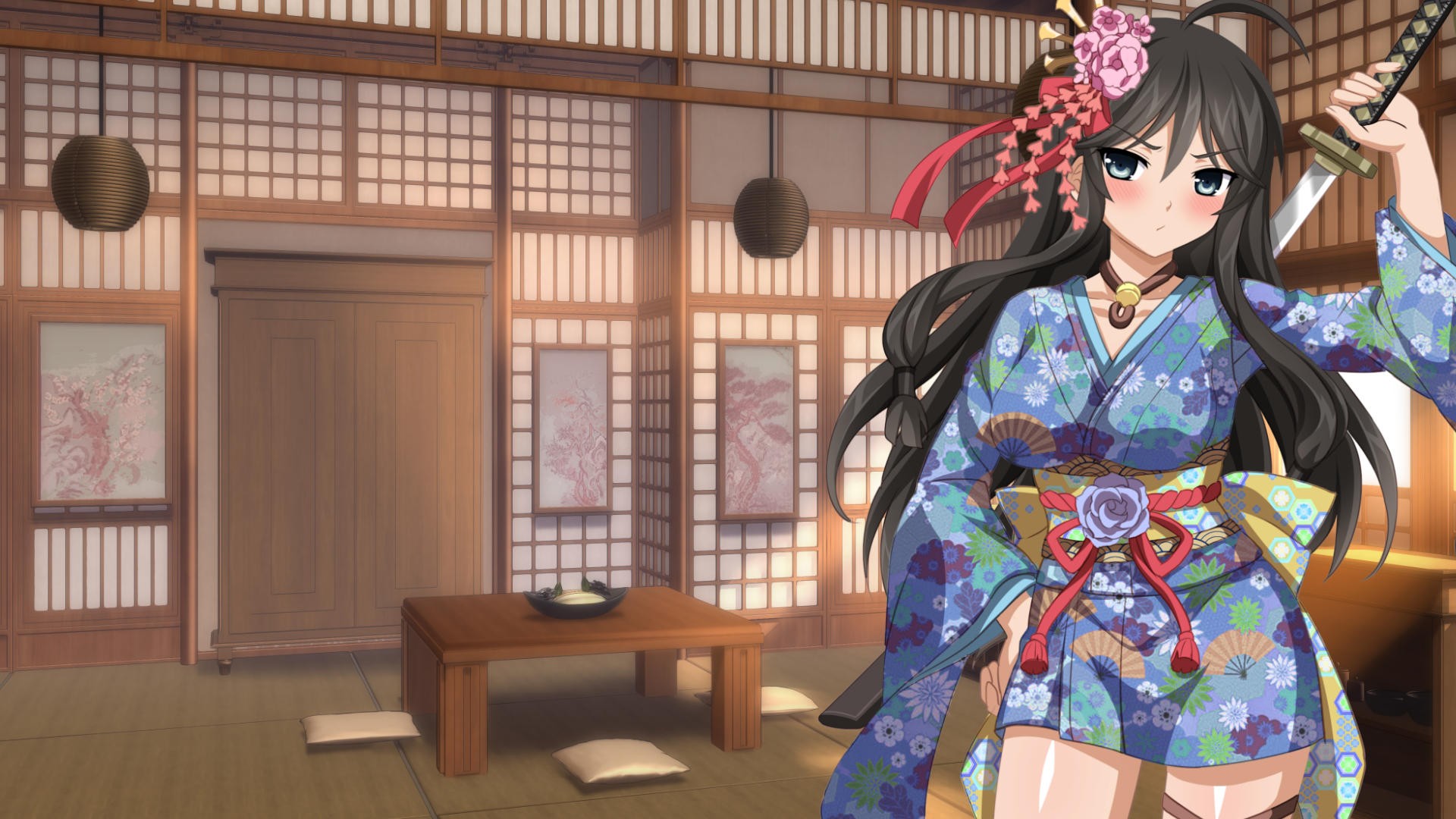 Anime 1920x1080 Sakura Spirit ecchi anime girls dark hair Asia long hair sword Japanese clothes