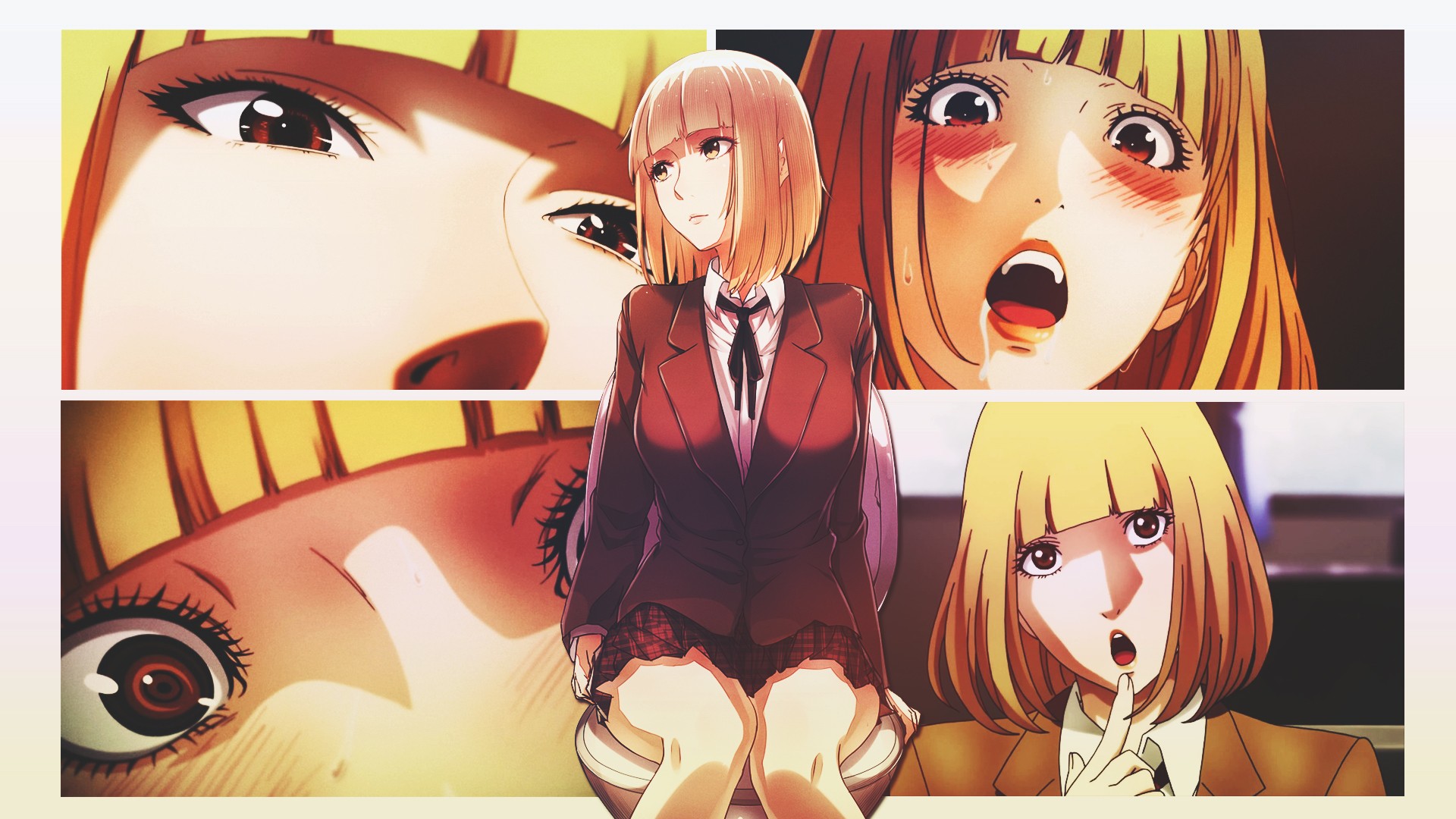 Anime 1920x1080 anime girls Prison School miniskirt eyes sitting legs together blonde