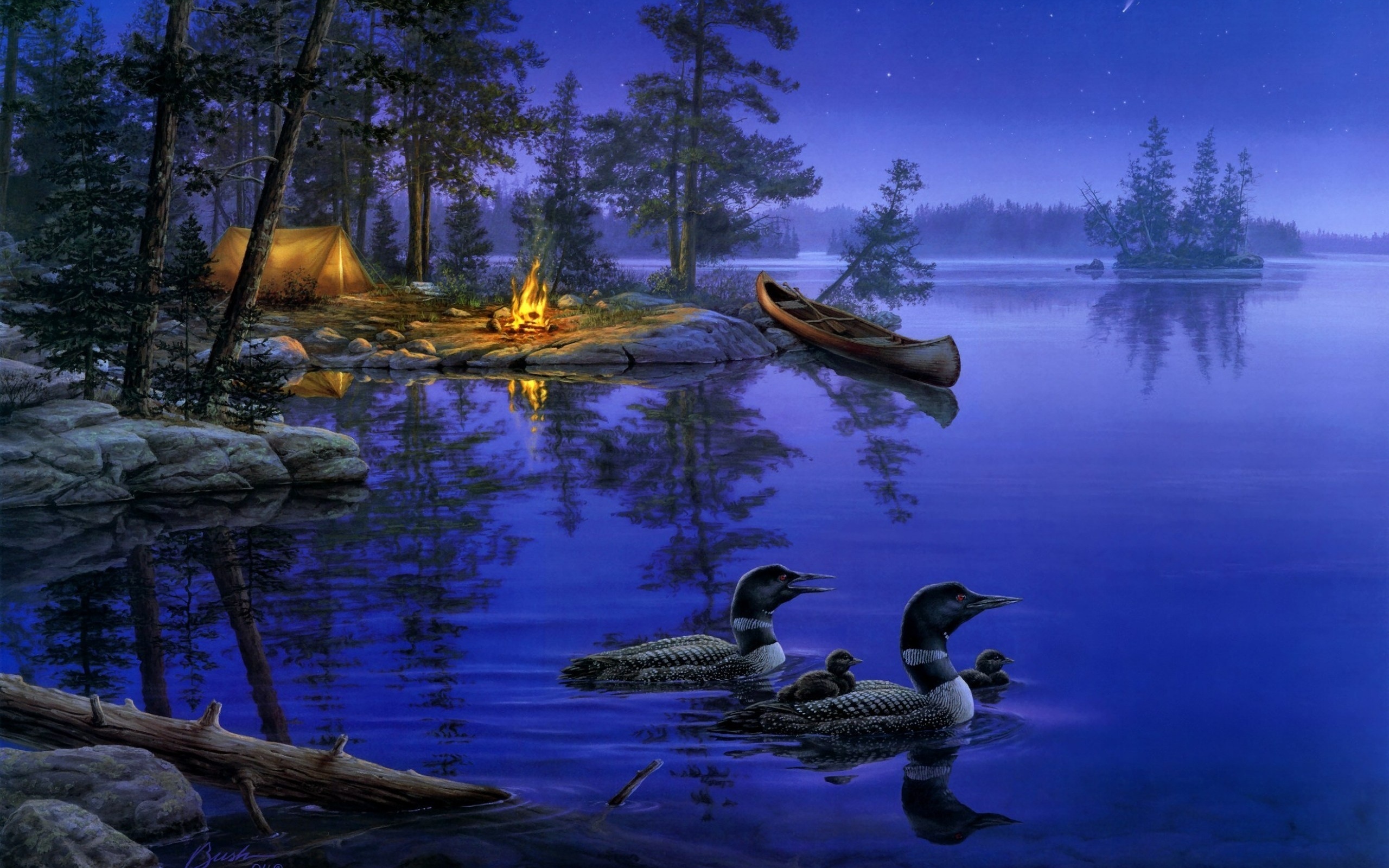 General 2560x1600 night lake duck bonfires landscape painting low light digital art birds tent