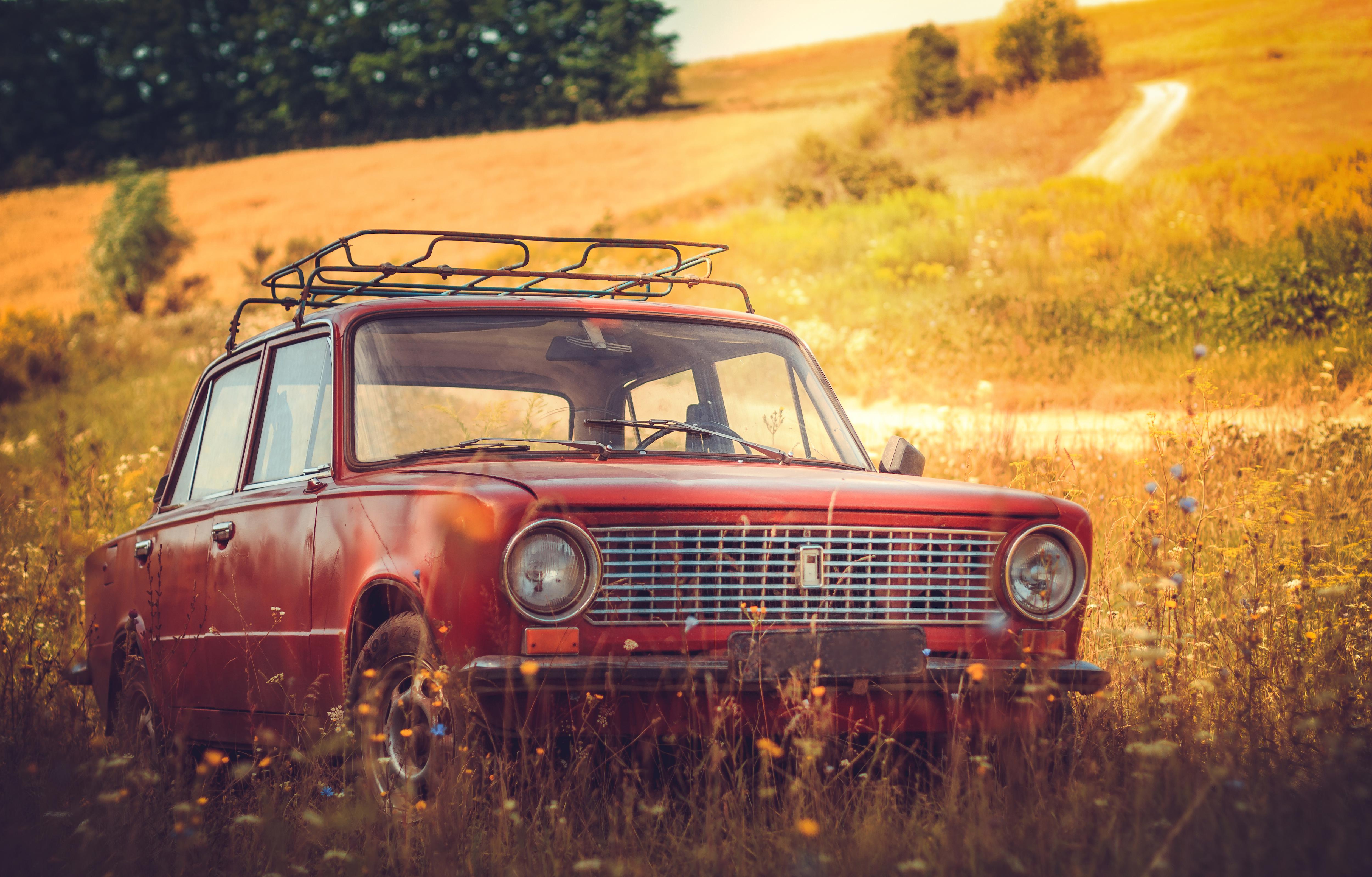 General 5000x3194 red car nature vintage LADA red cars field yellow Lada 2101 Russian cars