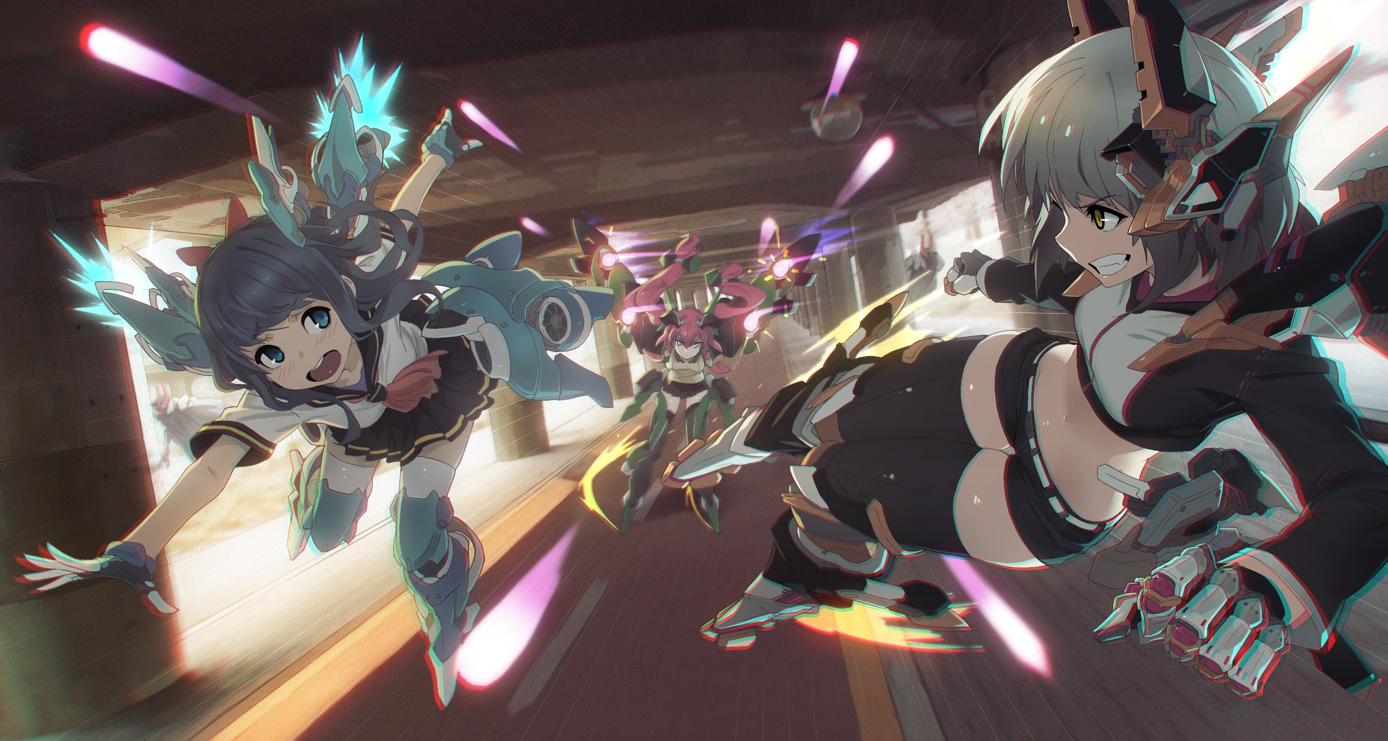 Anime 2833x1513 anime anime girls shooting weapon fantasy weapon flight suits running thigh-highs