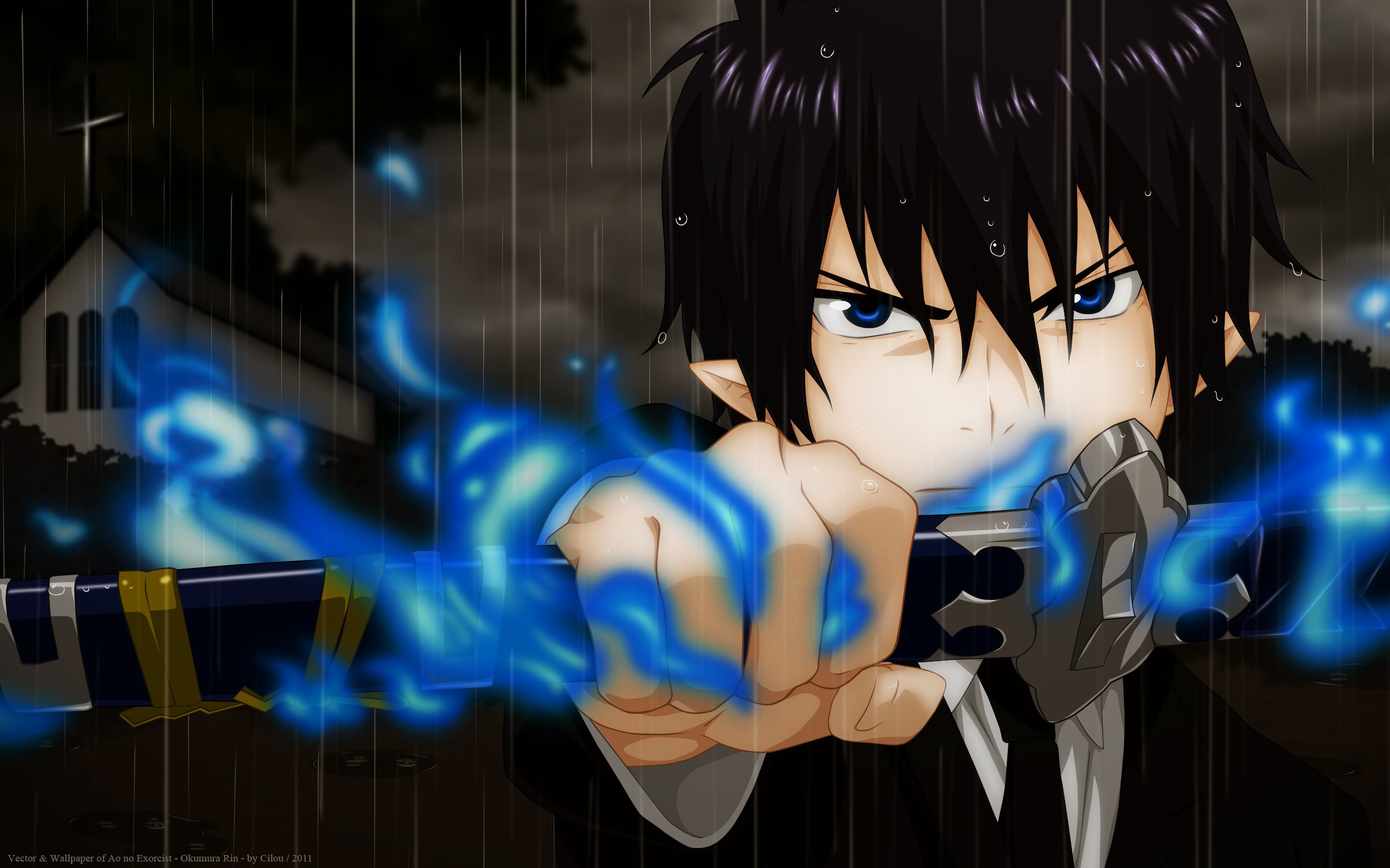 Anime 2560x1600 anime Blue Exorcist anime boys sword blue eyes pointy ears black hair rain 2011 (Year)