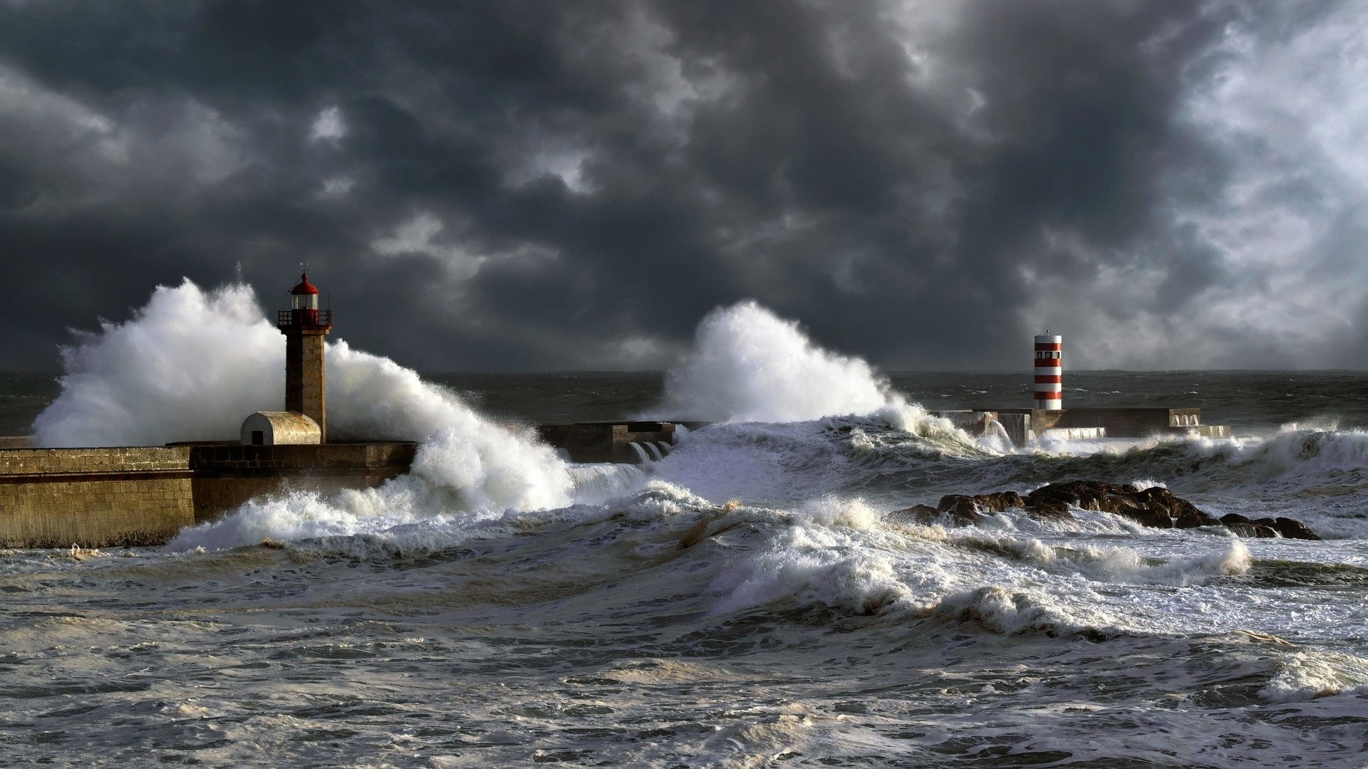 General 1920x1080 nature sea lighthouse clouds horizon waves water coast pier storm rocks city