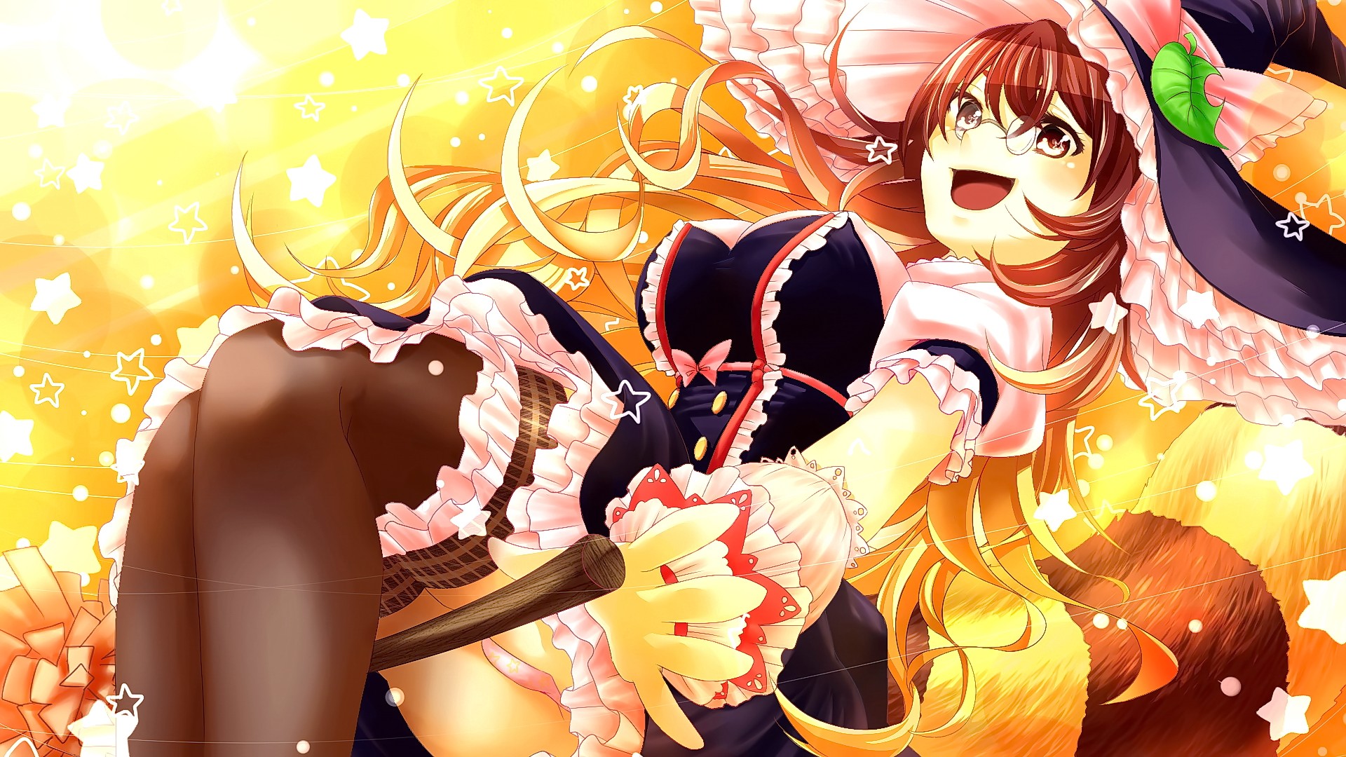 Anime 1920x1080 anime anime girls long hair looking away looking at viewer smiling hat panties witch Futatsuiwa Mamizou Touhou open mouth stockings black stockings boobs big boobs huge breasts curvy women with glasses