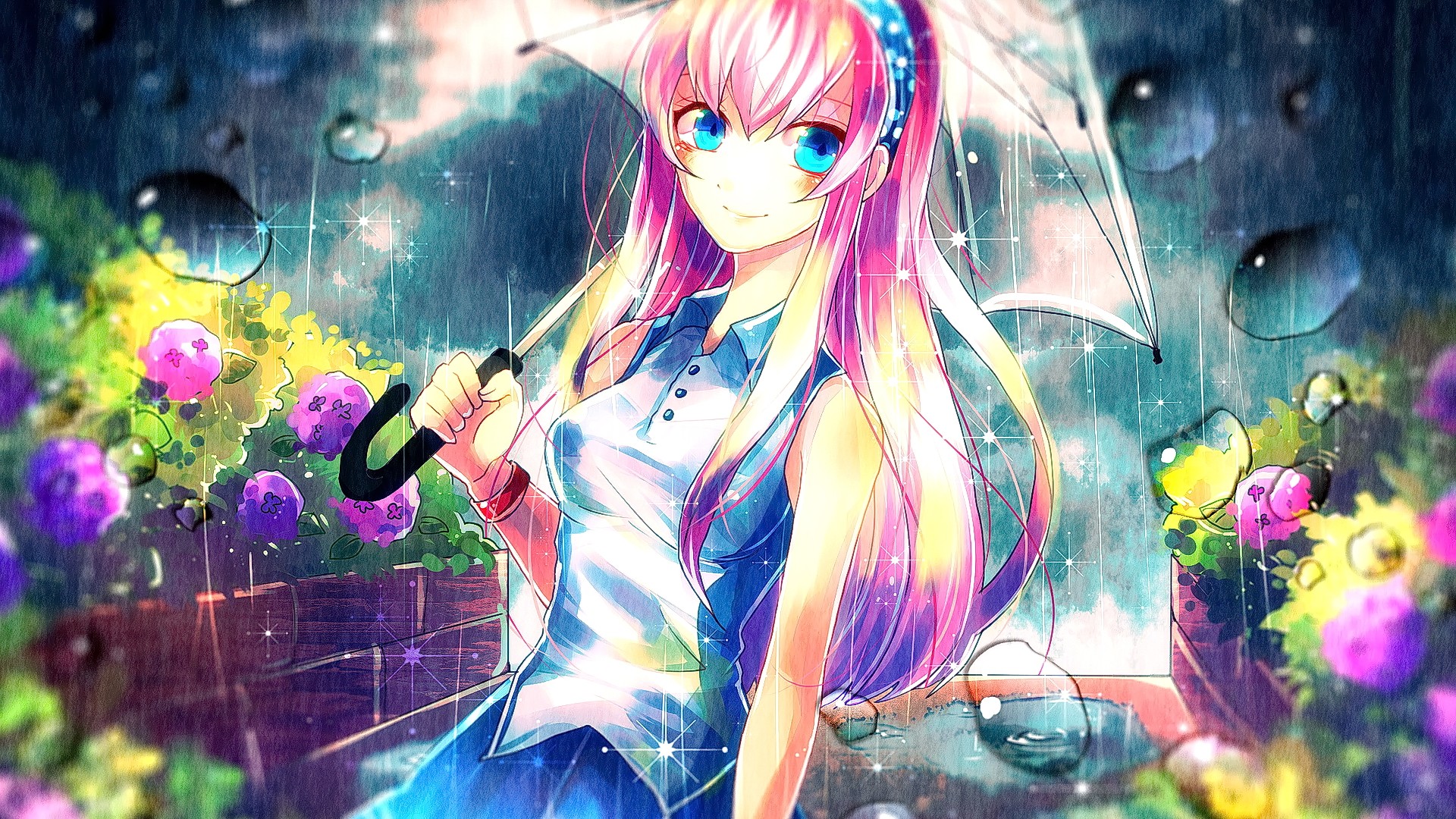 Anime 1920x1080 anime anime girls pink hair umbrella smiling Megurine Luka women with umbrella aqua eyes blue clothing