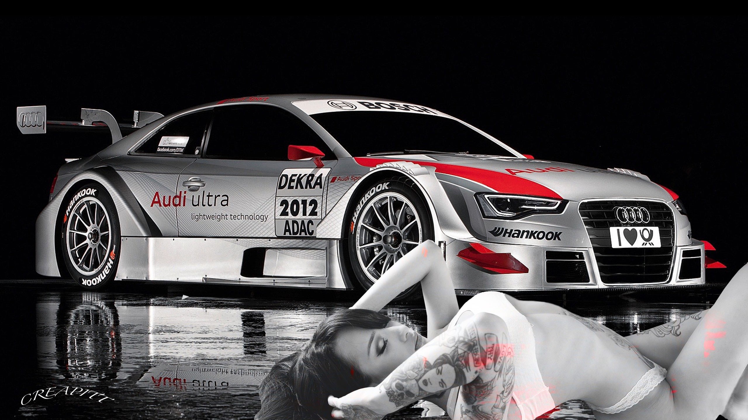 People 2560x1440 Audi car vehicle silver cars racing motorsport race cars black background simple background women model hair over one eye closed eyes selective coloring sport numbers 2012 (Year) belly bra panties inked girls arched back heart (design) watermarked