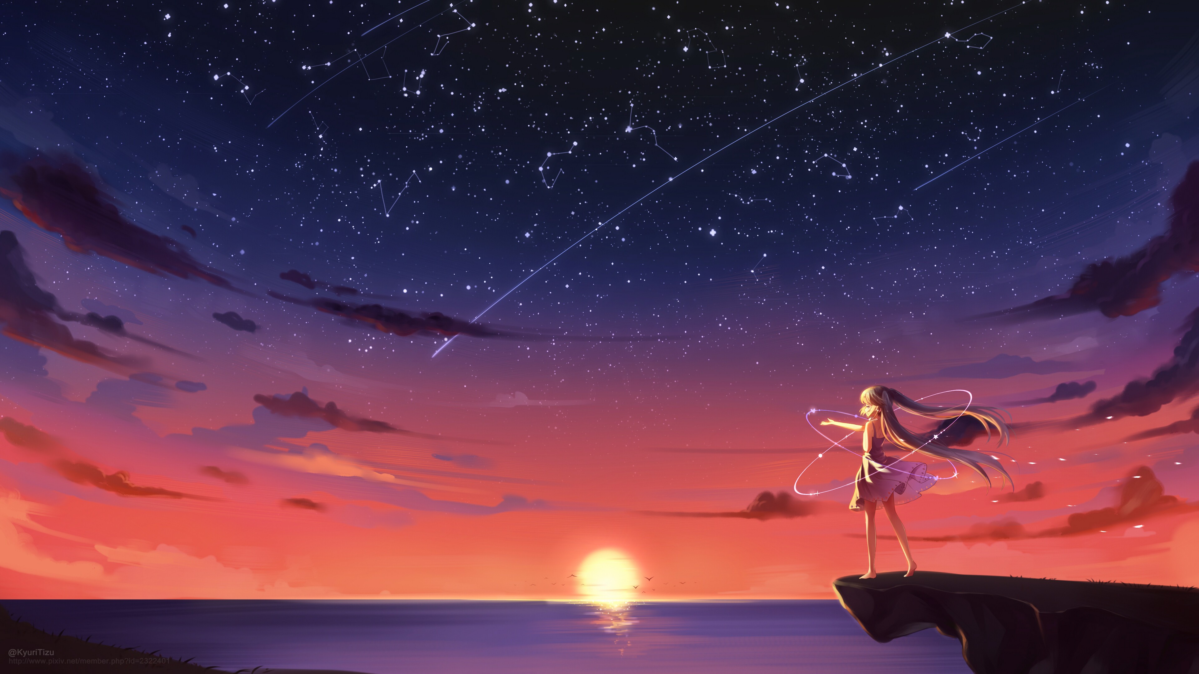 Anime 3840x2160 anime anime girls sunset sea cliff long hair stars sky Hatsune Miku Vocaloid fantasy art fantasy girl sunlight standing dress barefoot