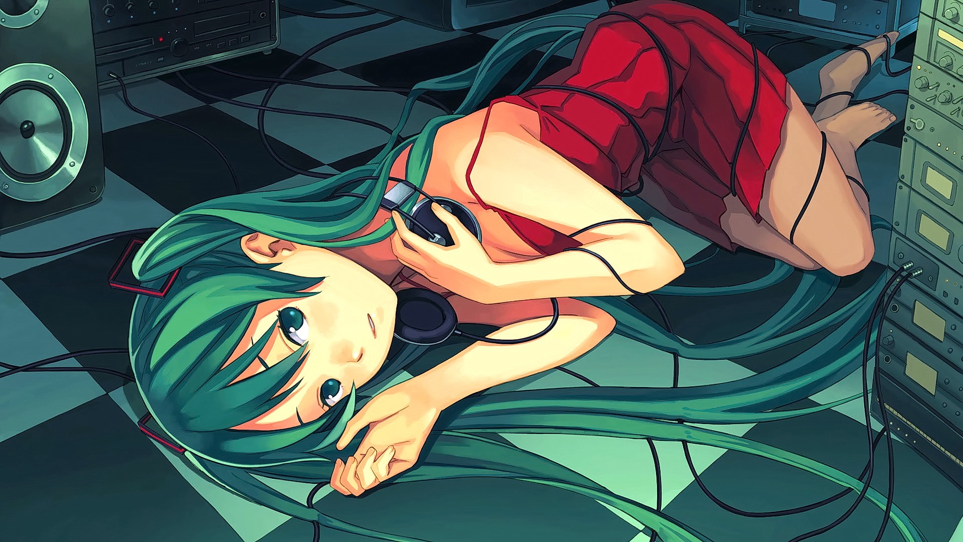 Anime 1920x1080 anime anime girls green hair long hair smiling dress looking at viewer Vocaloid Hatsune Miku headsets cyan hair on the floor audio-technica legs together red dress headphones