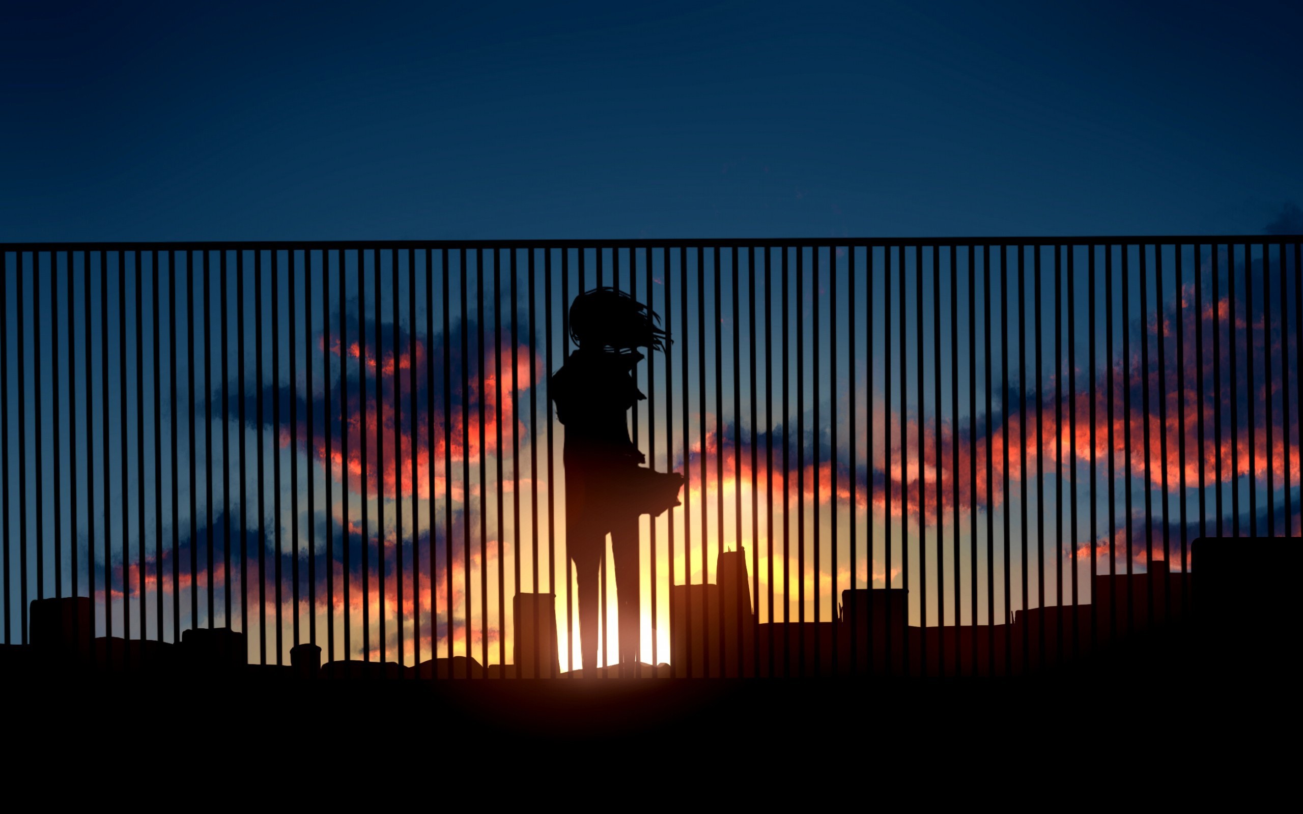Anime 2560x1600 anime sunset anime girls fence clouds windy building original characters women outdoors sky silhouette sunlight standing urban
