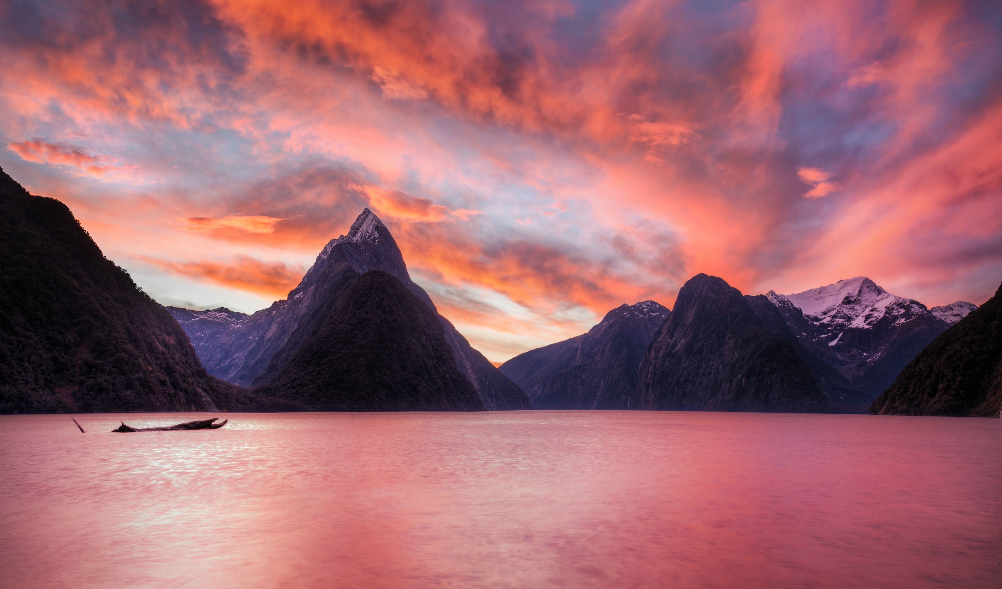 General 4126x2426 mountains water sky clouds landscape lake photography Japan New Zealand Milford Sound low light