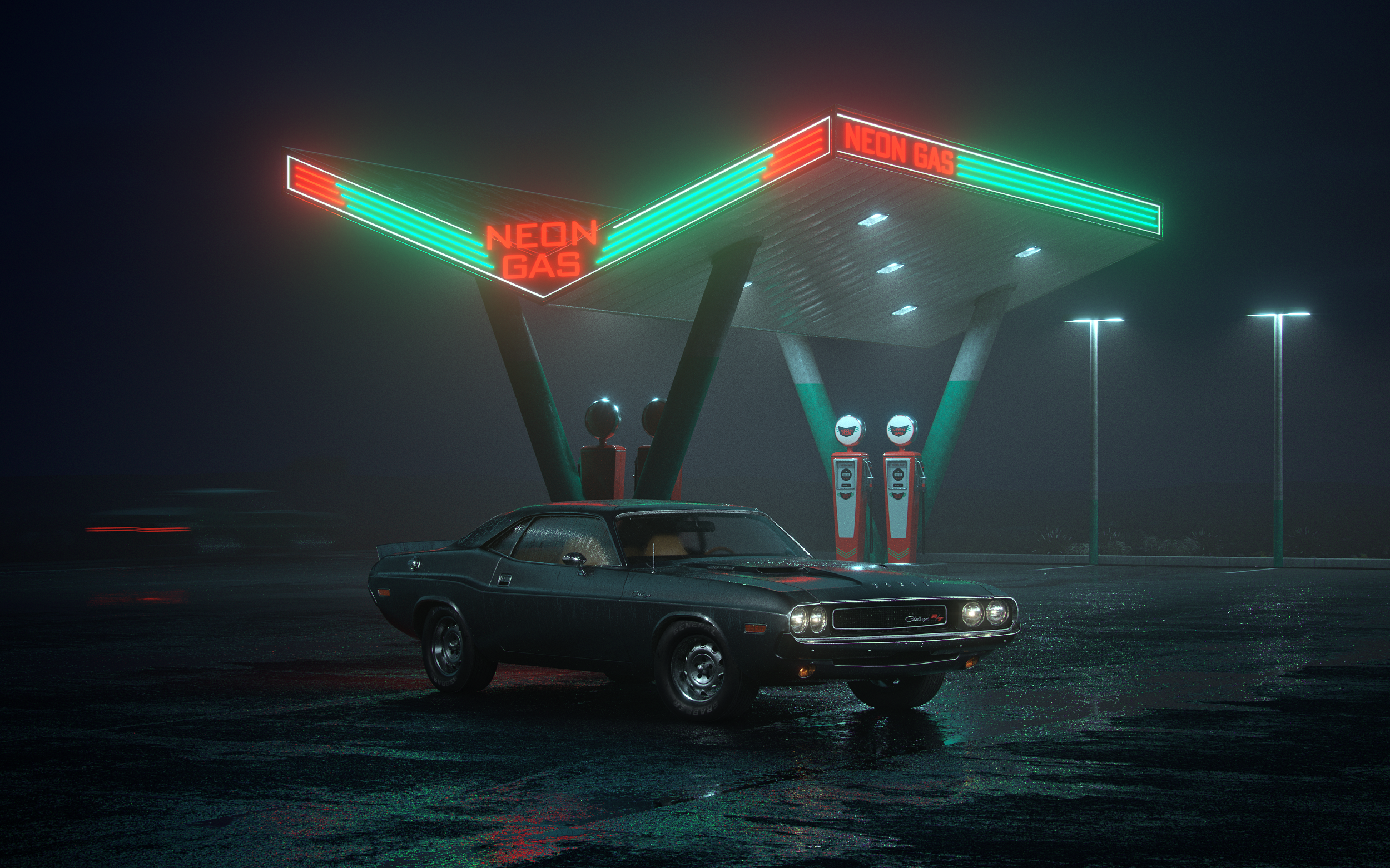 General 2500x1562 Dodge Challenger neon gas station night Dodge muscle cars American cars