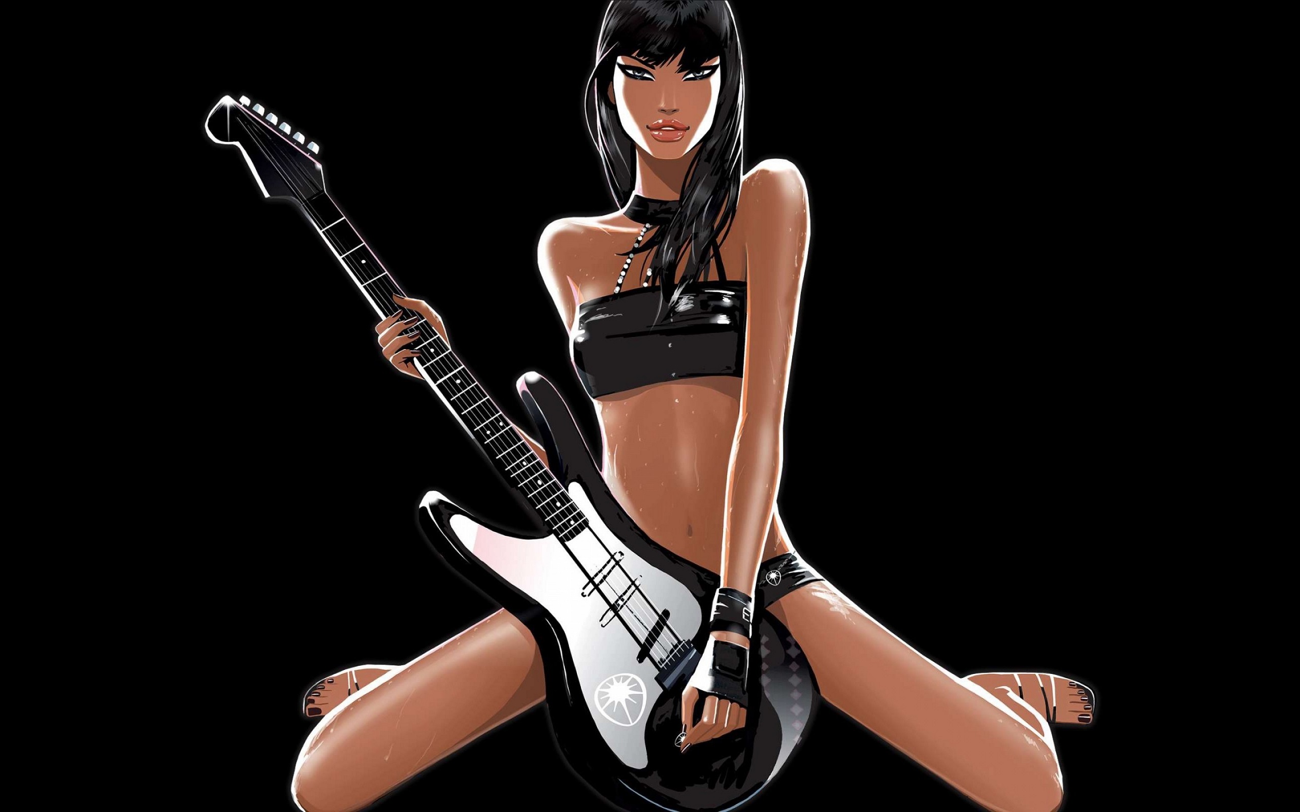 General 2560x1600 women dark hair guitar electric guitar artwork musical instrument simple background belly kneeling Fender Stratocaster