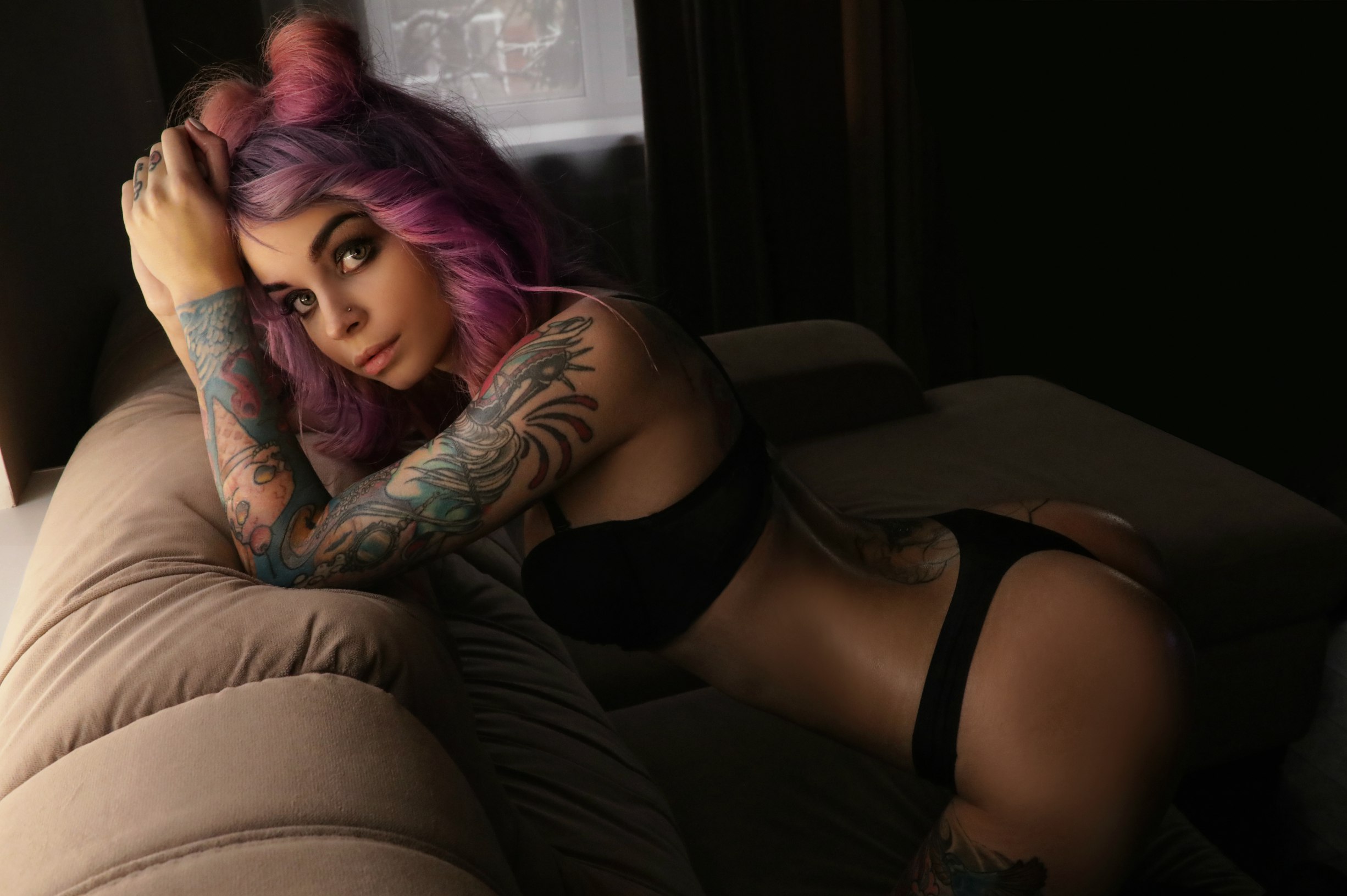 People 2451x1631 women dyed hair kneeling ass pierced nose black lingerie couch tattoo portrait pink hair arched back Kary Popova