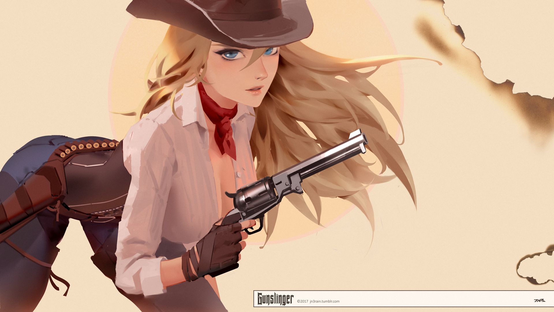 General 1920x1080 cowgirl girls with guns revolver scarf blonde blue eyes illustration gloves cowboy hats beige beige background