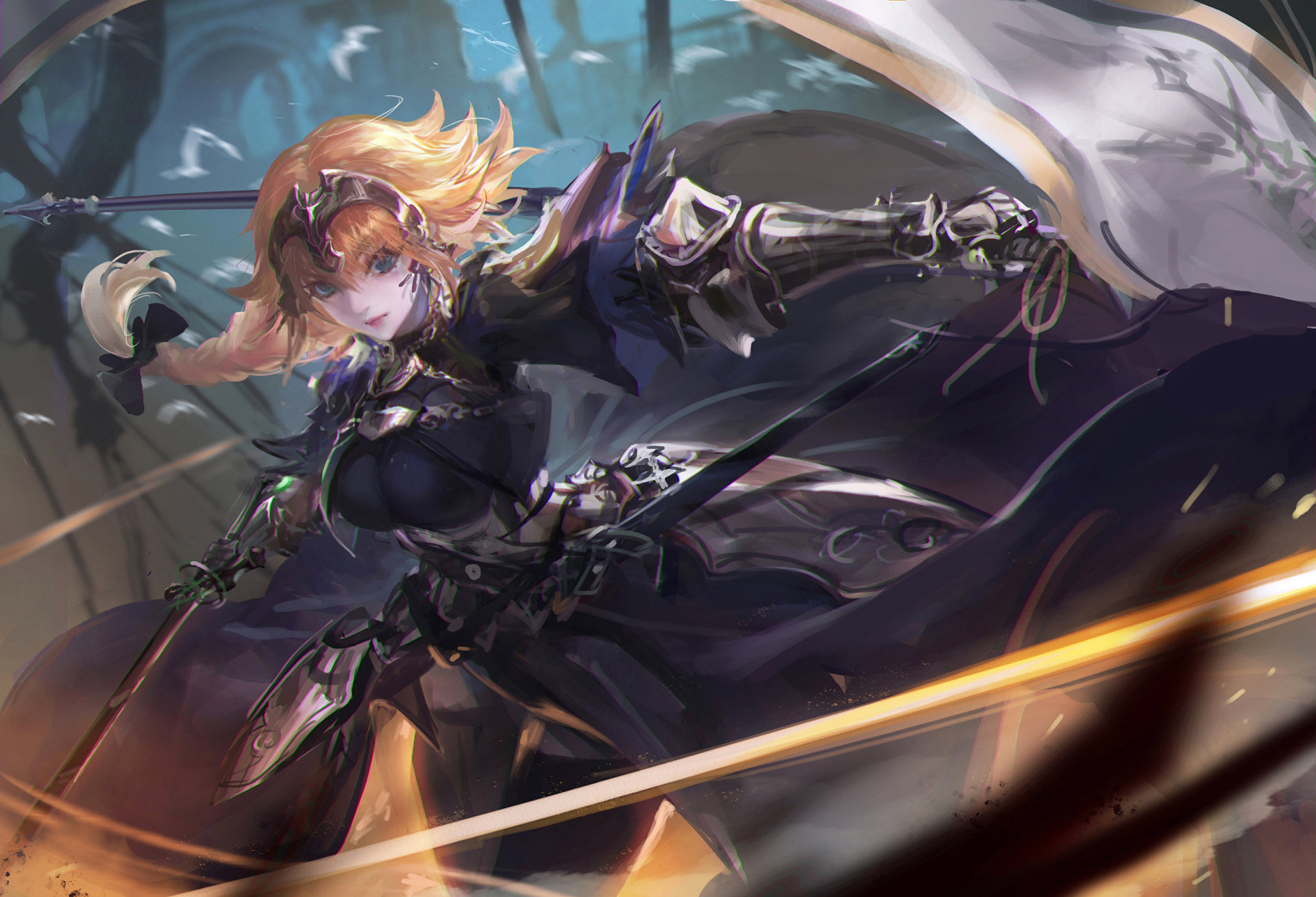 Anime 1920x1308 Fate series Fate/Apocrypha  Fate/Grand Order armored woman big boobs violet dress braided hair thighs black stockings gauntlets anime girls female warrior messy hair birds women with swords 2D Ruler (Fate/Apocrypha) Jeanne d'Arc (Fate) anime long hair bangs hair in face french braid sheath looking at the side red lipstick pale fan art curvy blonde