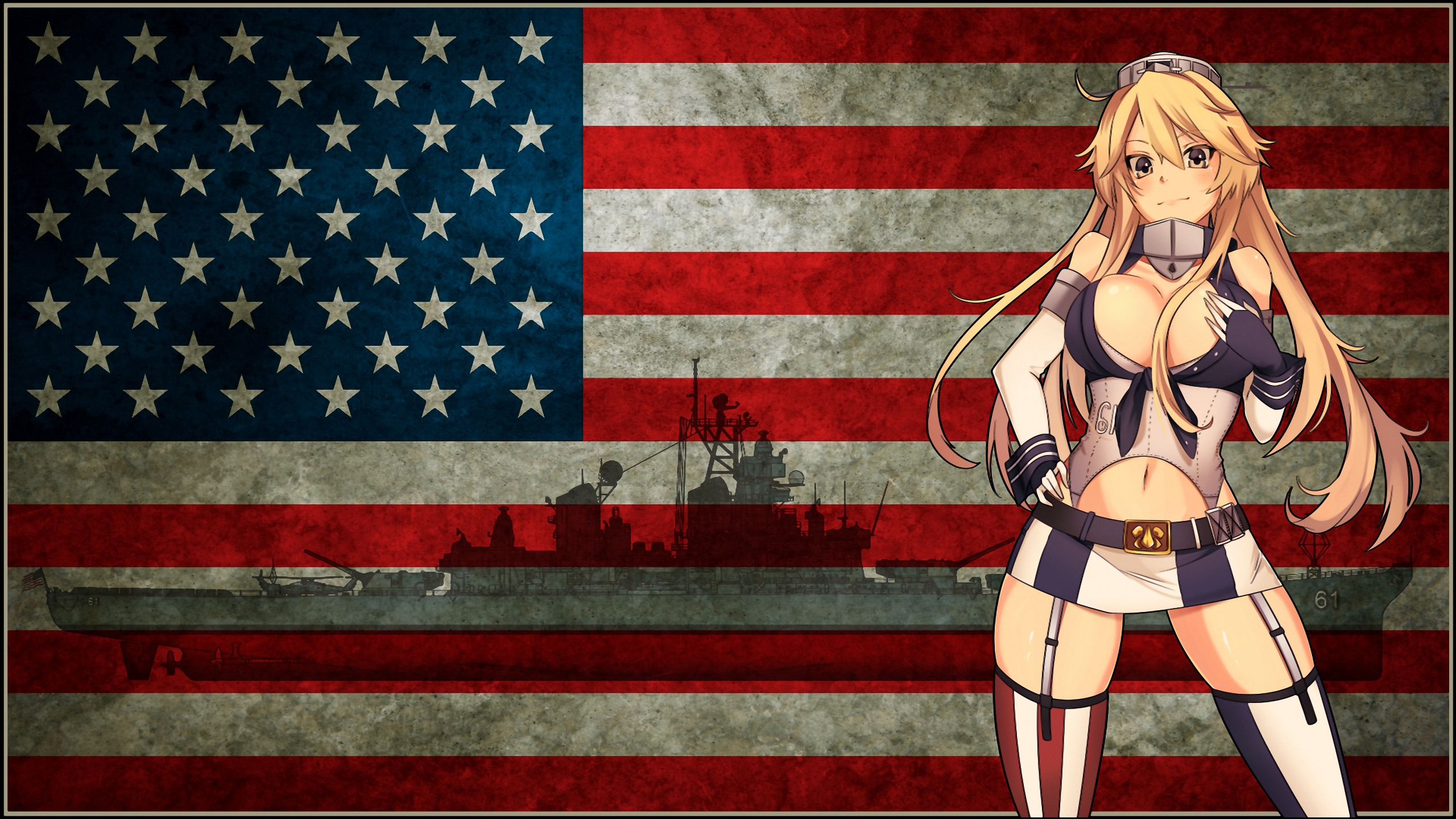 Anime 2560x1440 flag anime big boobs boobs miniskirt blonde American flag anime girls long hair Iowa (KanColle) Kantai Collection