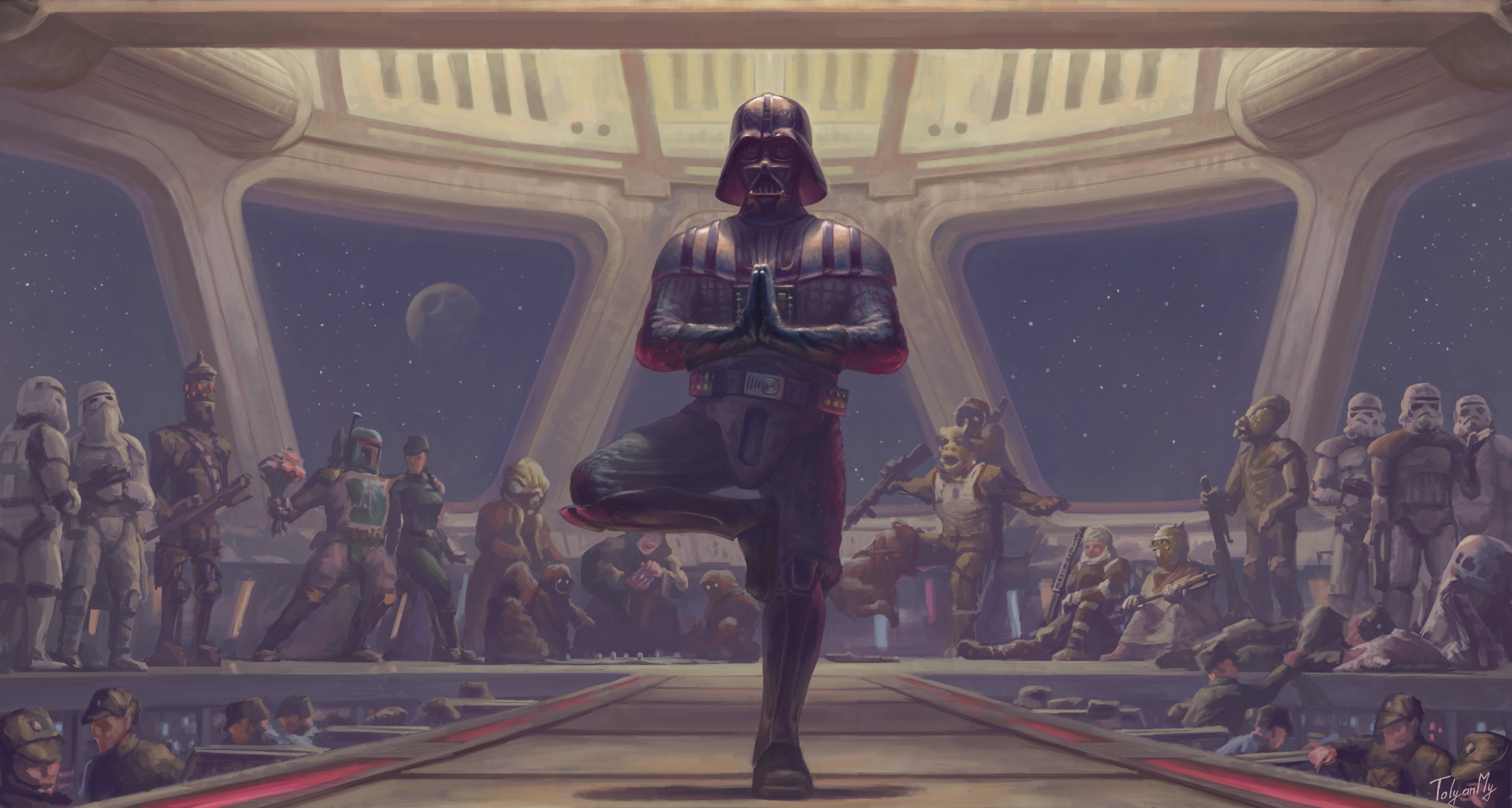 General 3743x2000 space Star Wars humor Star Wars Humor yoga pose standing on one leg Star Wars Villains science fiction Sith Darth Vader