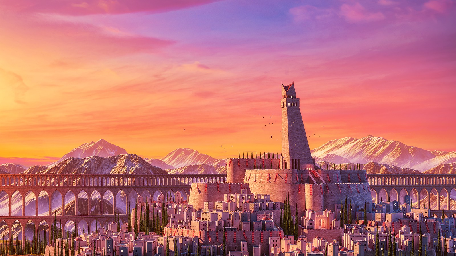 Anime 1600x900 anime city sunset landscape sky sunlight fantasy city cityscape fantasy art