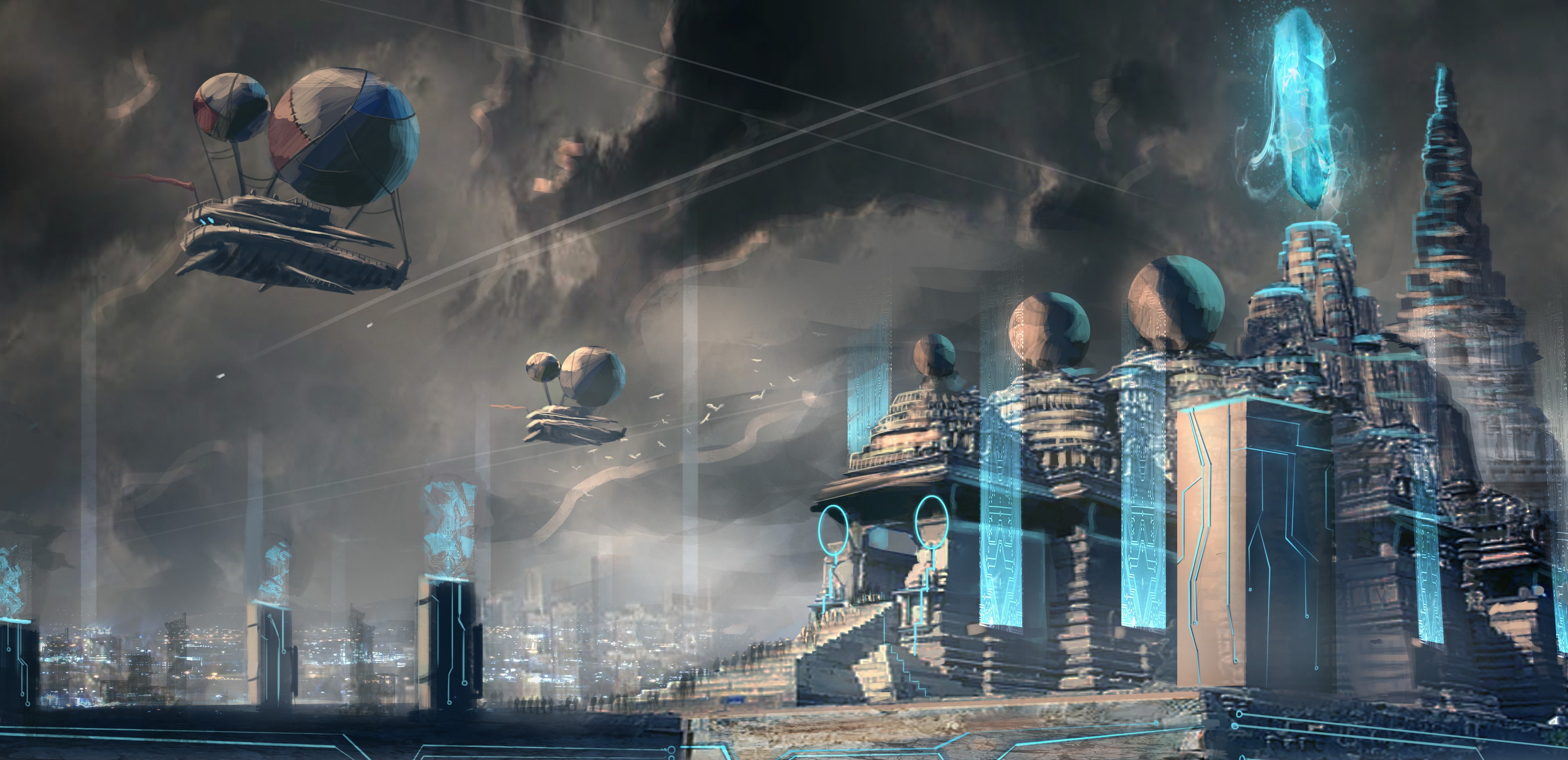 General 3944x1912 futuristic blue temple city cyan artwork digital art