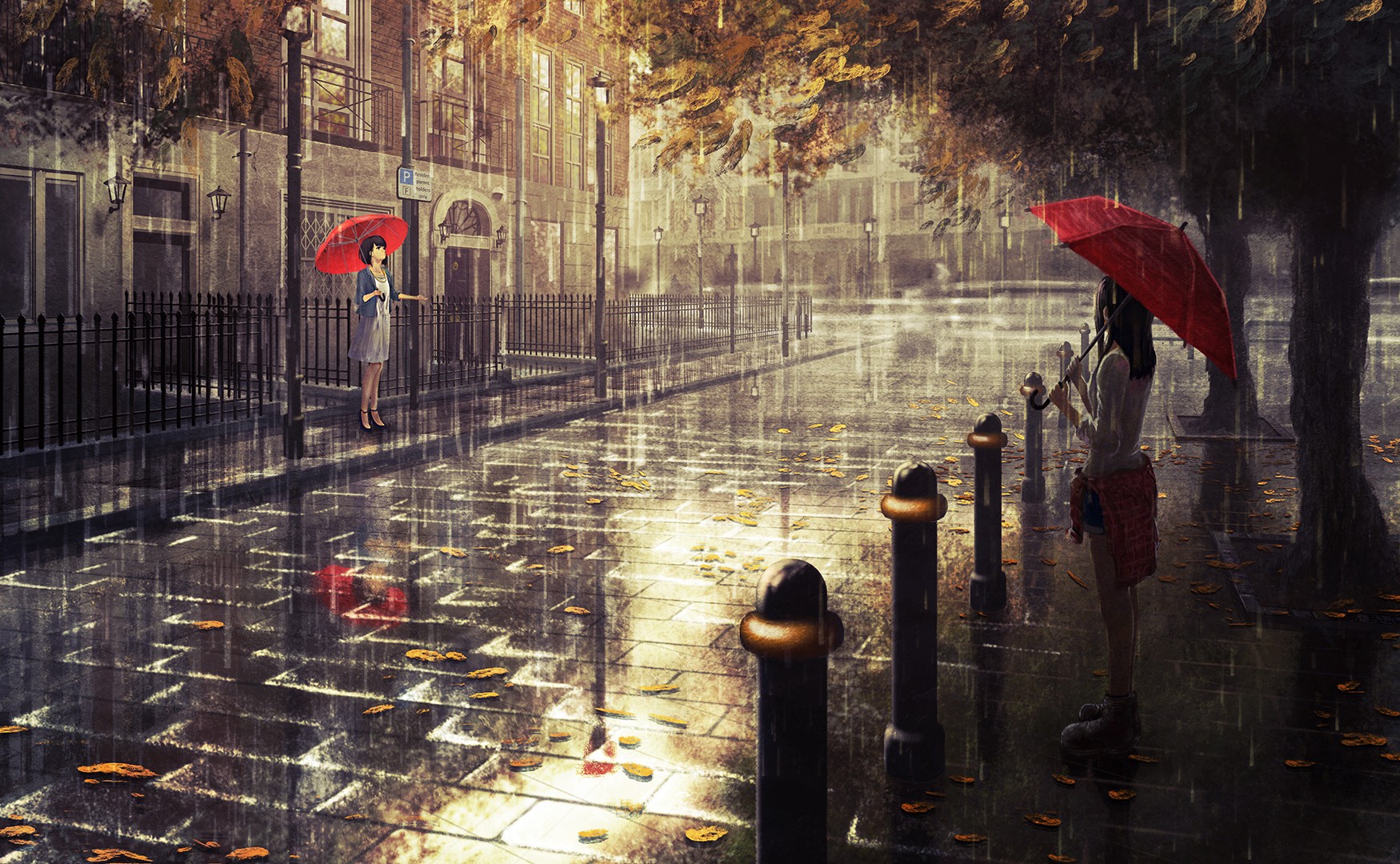 Anime 1750x1080 rain umbrella London fall artwork original characters women with umbrella anime anime girls two women urban