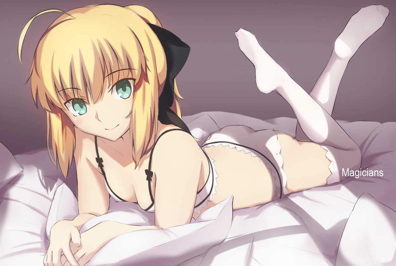 Anime 1355x910 anime anime girls ecchi Saber Lily underwear Fate series Saber ahoge thigh-highs lying on front in bed Magicians Pixiv legs up smiling bright