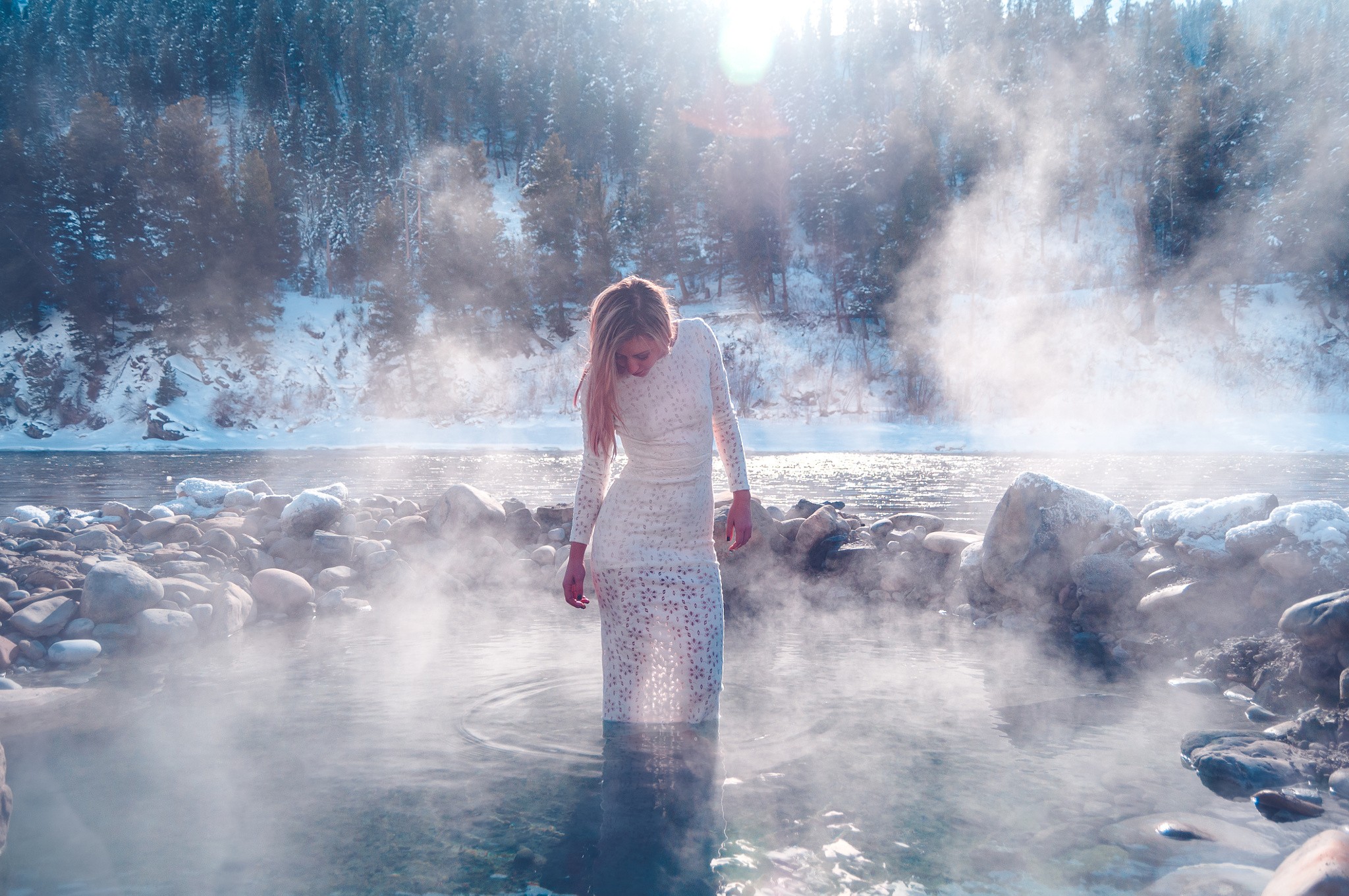 People 2048x1361 women mist water cold outdoors white clothing women outdoors looking away blonde in water snow trees standing standing in water
