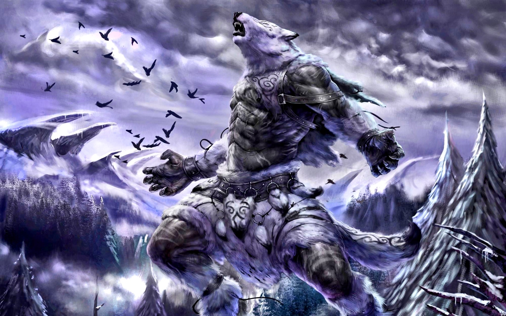 General 1920x1200 werewolves creature fantasy art furry Anthro digital art trees sky clouds pointy teeth fangs claws nature birds