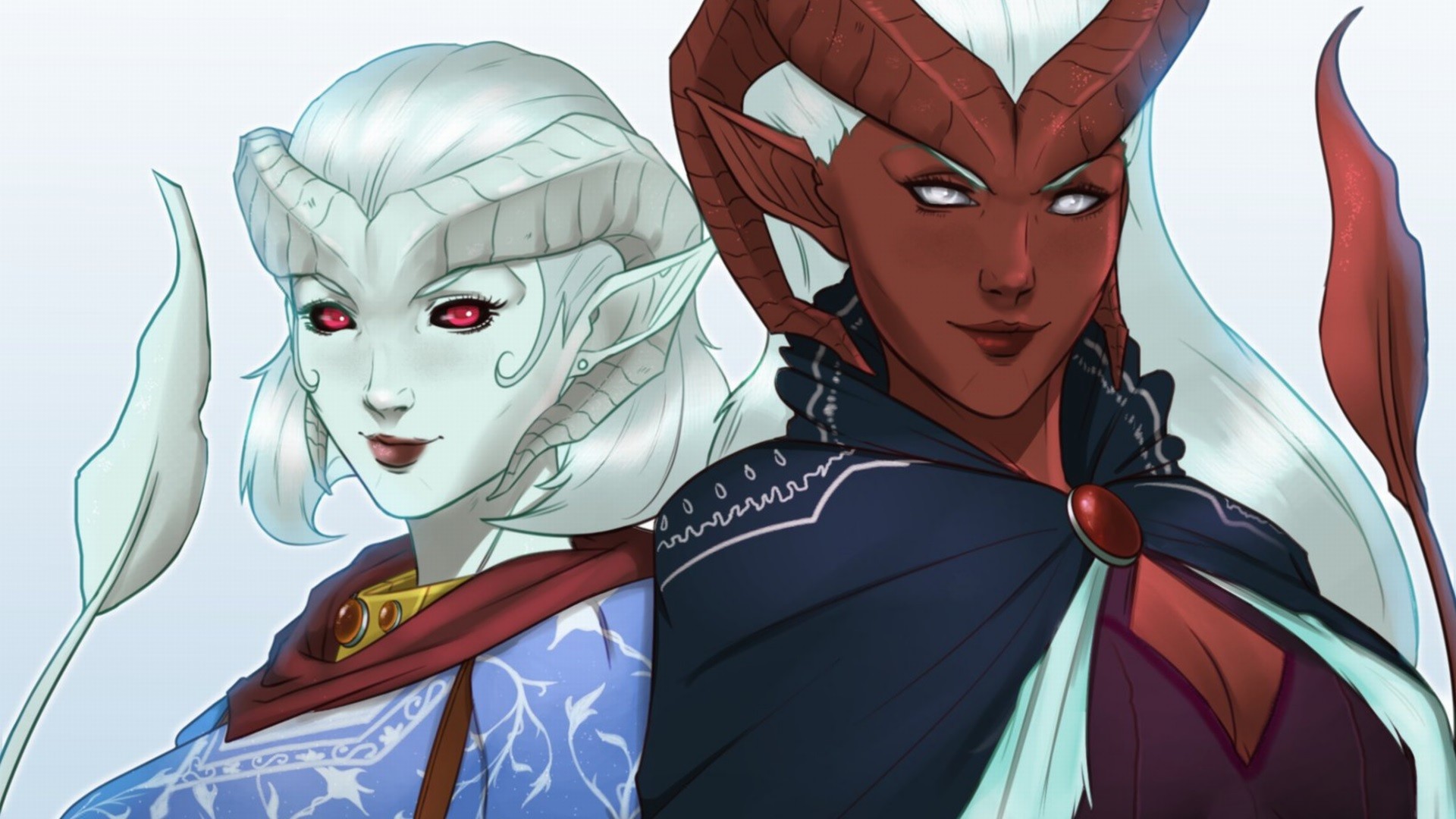 General 1920x1080 Critical Role tiefling white hair fan art fantasy art fantasy girl two women horns pointy ears white background simple background