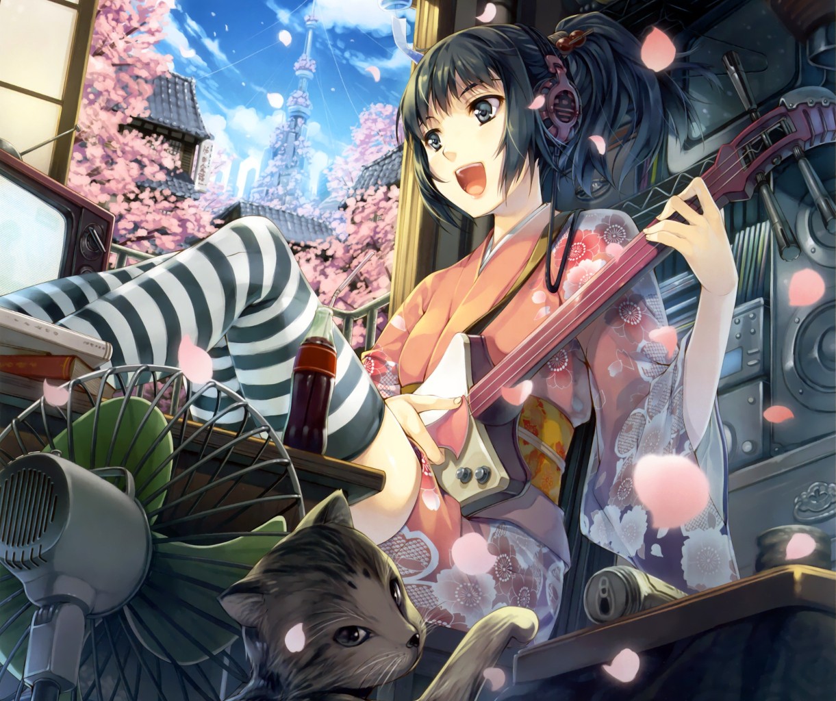 Anime 1221x1024 guitar anime girls city Asian architecture Japanese clothes original characters anime kimono headphones brunette short hair cherry blossom open mouth blue eyes musical instrument cats fans women indoors black hair striped stockings stockings