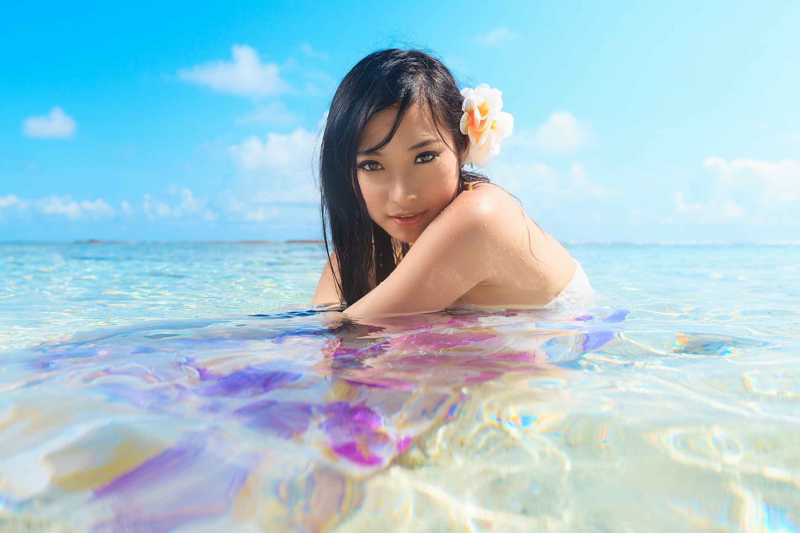 People 2560x1707 women women outdoors Asian flower in hair wet body looking at viewer in water water dark hair model