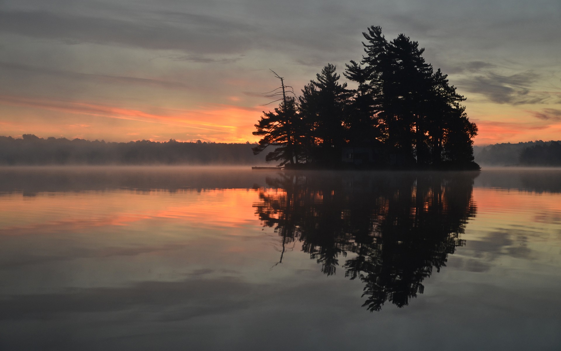 General 1920x1200 landscape lake island house mist morning sunrise nature reflection sky calm waters