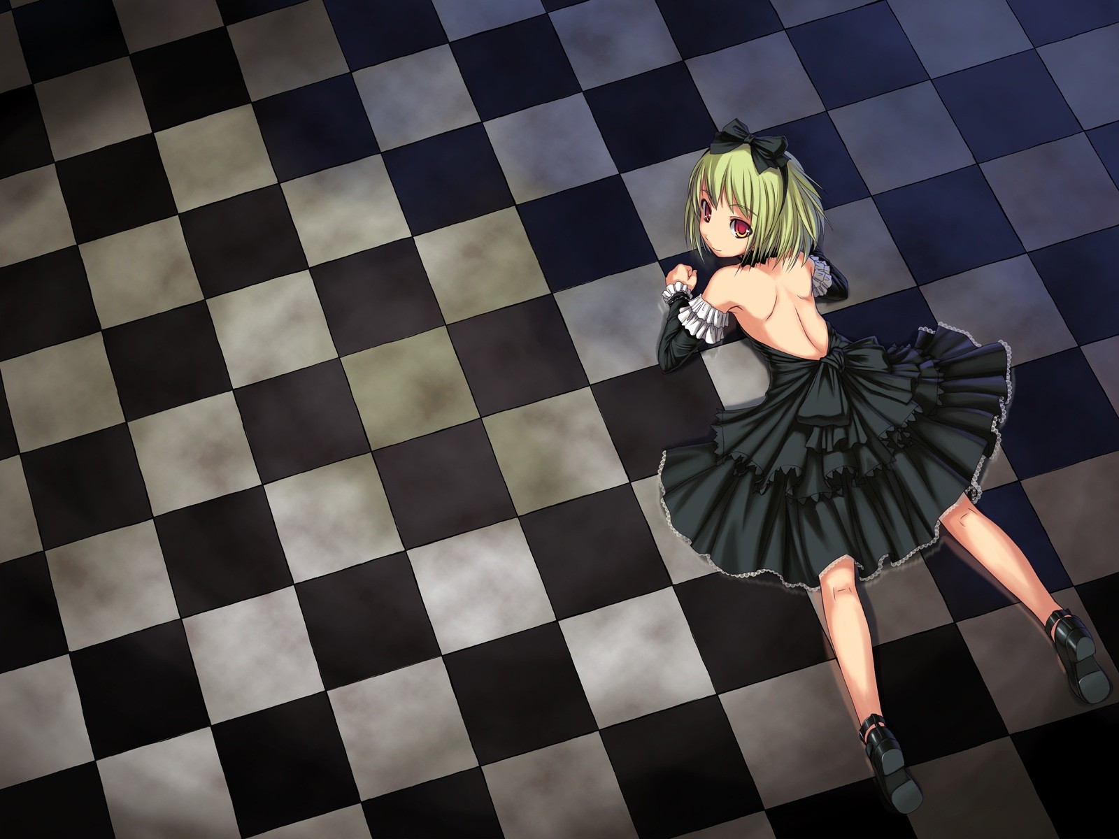 Anime 1600x1200 anime anime girls original characters Bosshi Gothic twintails pantyhose checkered chess floor dress red eyes black dress black clothing back