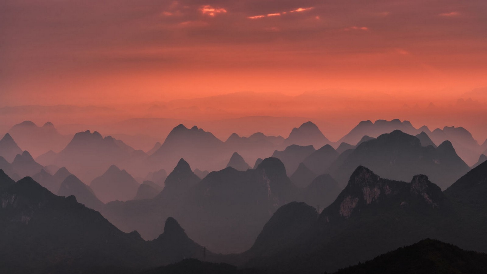 General 1600x900 nature landscape mountains mist pink sky Guilin national park China Asia orange sky low light cropped