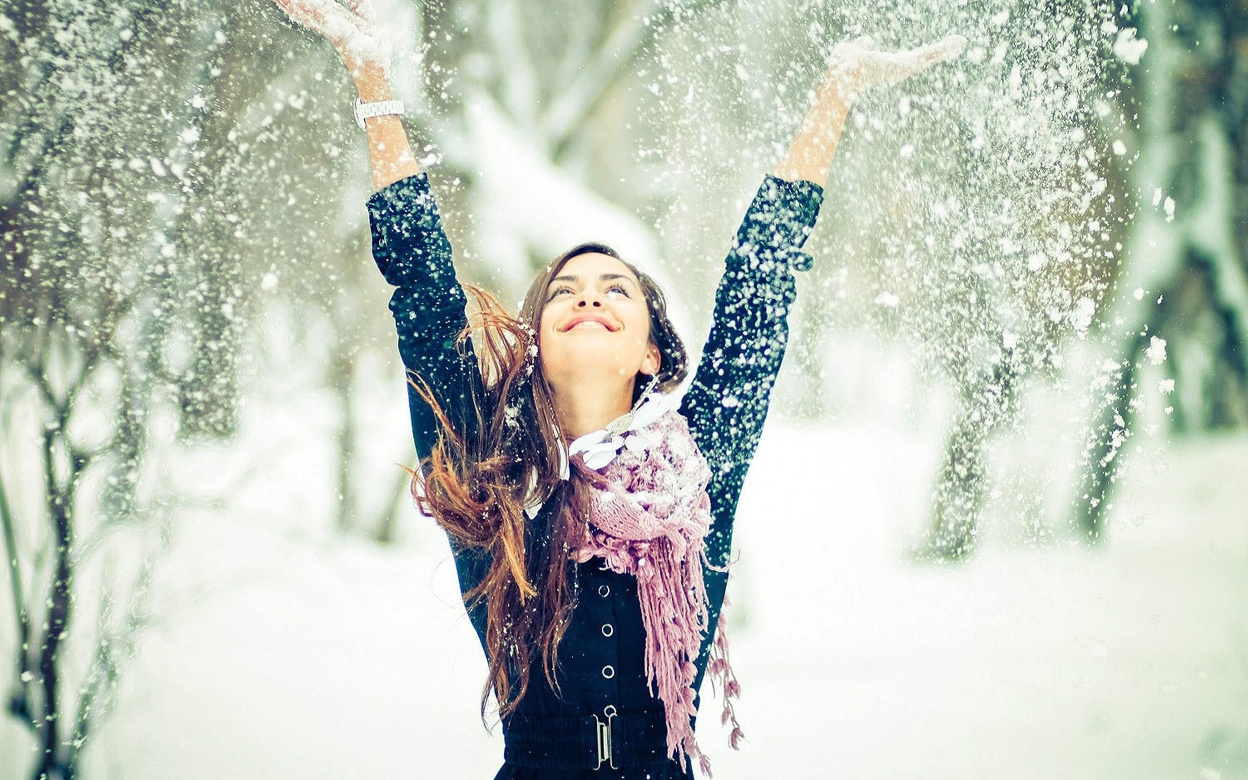 People 2560x1600 women snow winter brunette scarf looking up black coat coats happy happiness arms up cold outdoors model
