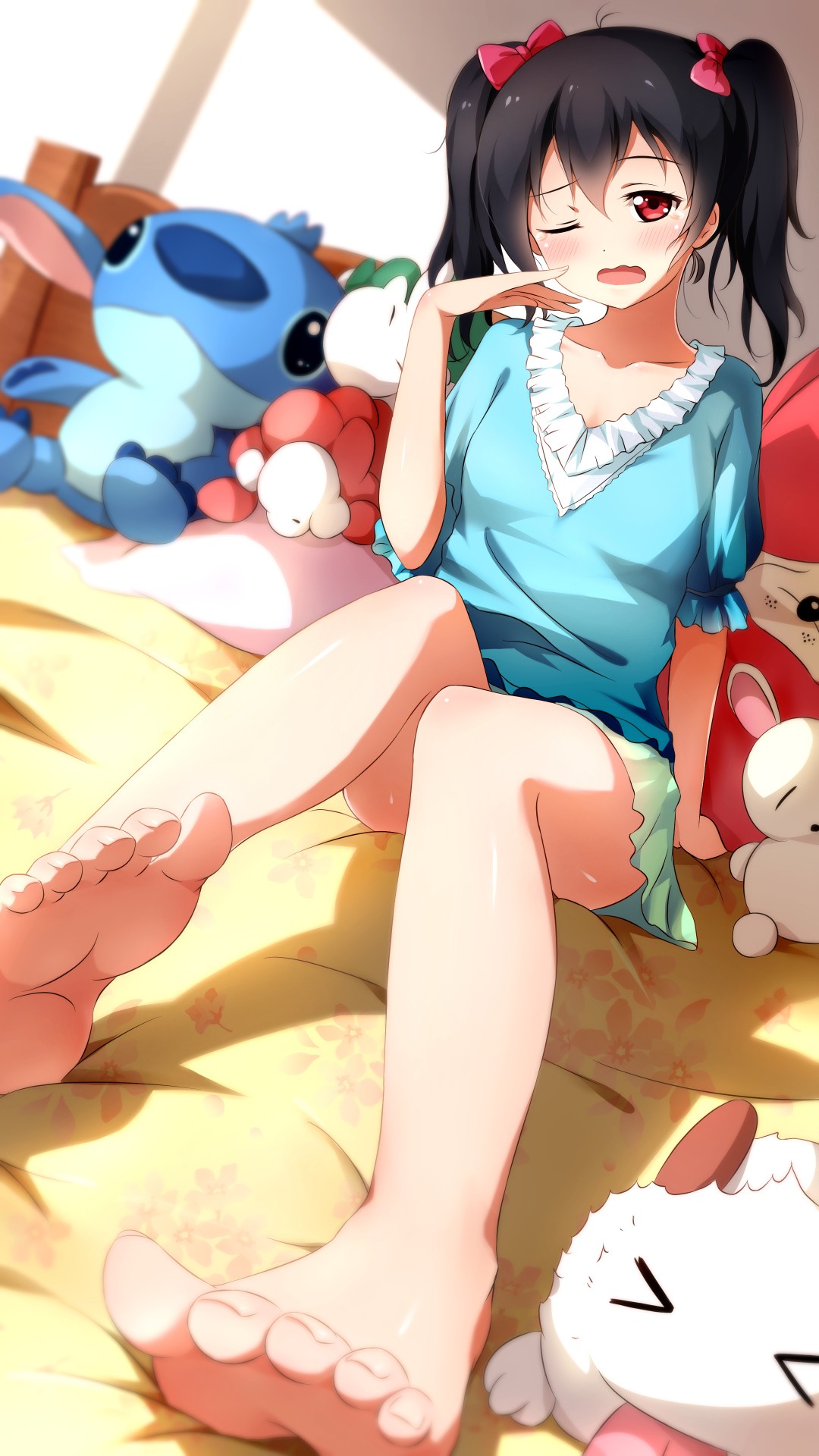 Anime 1080x1920 anime anime girls Love Live! Yazawa Nico feet legs in bed barefoot Lilo and Stitch Xiao Ren Pixiv one eye closed black hair red eyes toes sad