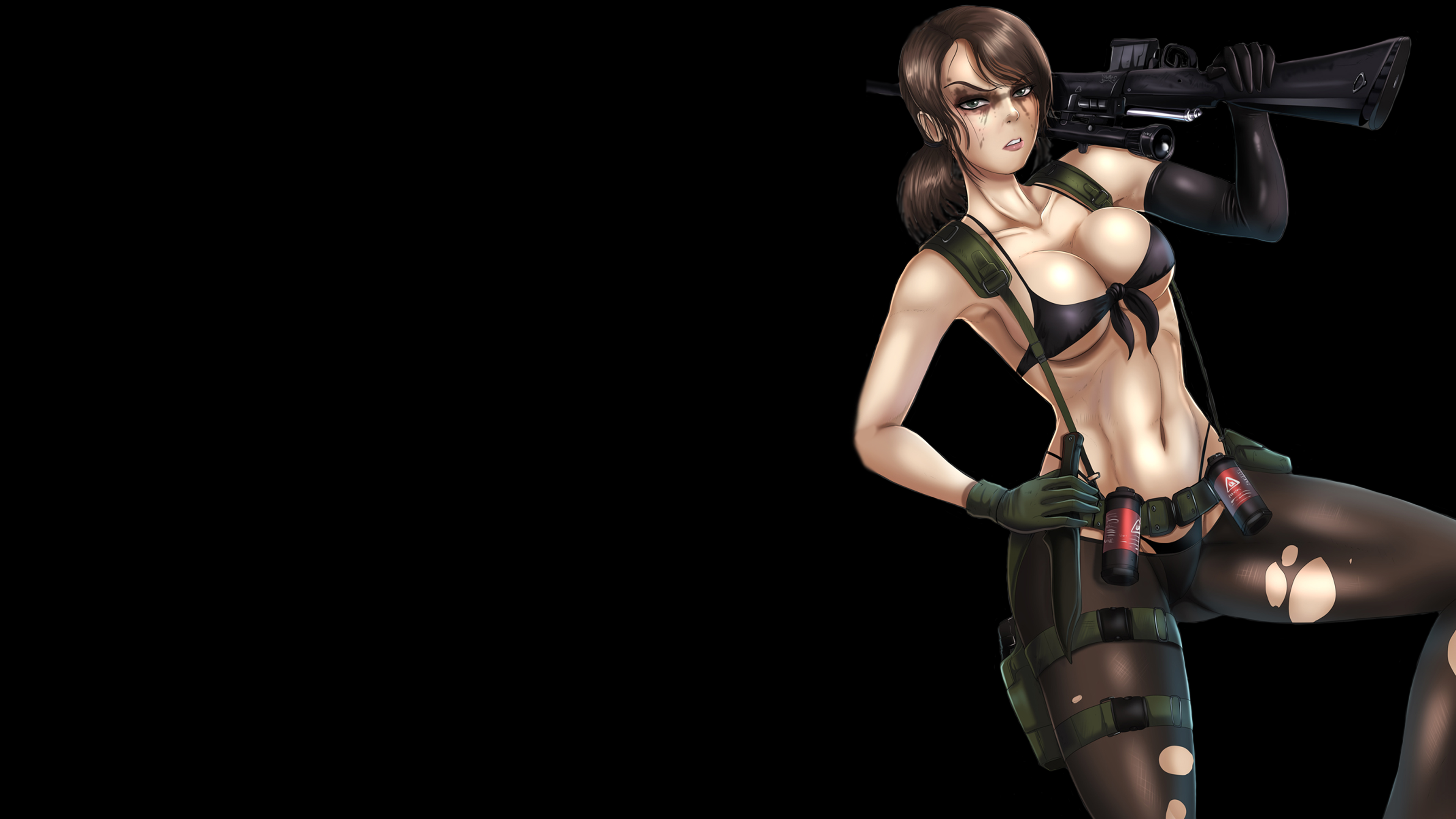 General 3840x2160 Quiet (metal gear) Metal Gear Solid V: The Phantom Pain fan art Shadbase Metal Gear Solid video games video game characters women video game girls boobs big boobs belly weapon girls with guns brunette torn pantyhose