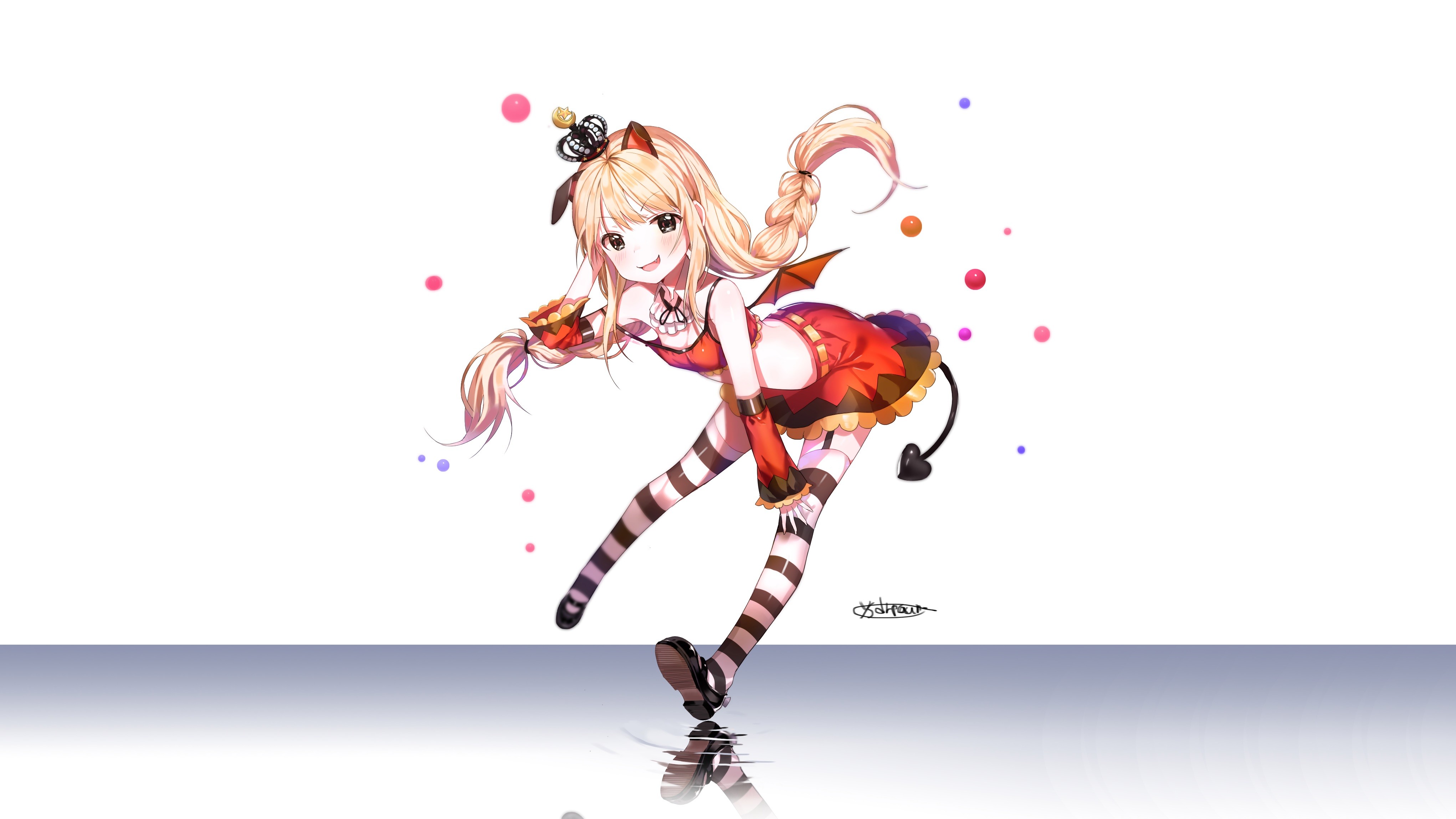 Anime 4084x2297 anime anime girls Futaba Anzu animal ears blonde cat girl stockings tail wings THE iDOLM@STER: Cinderella Girls simple background legs dark eyes striped stockings looking at viewer white background Pixiv